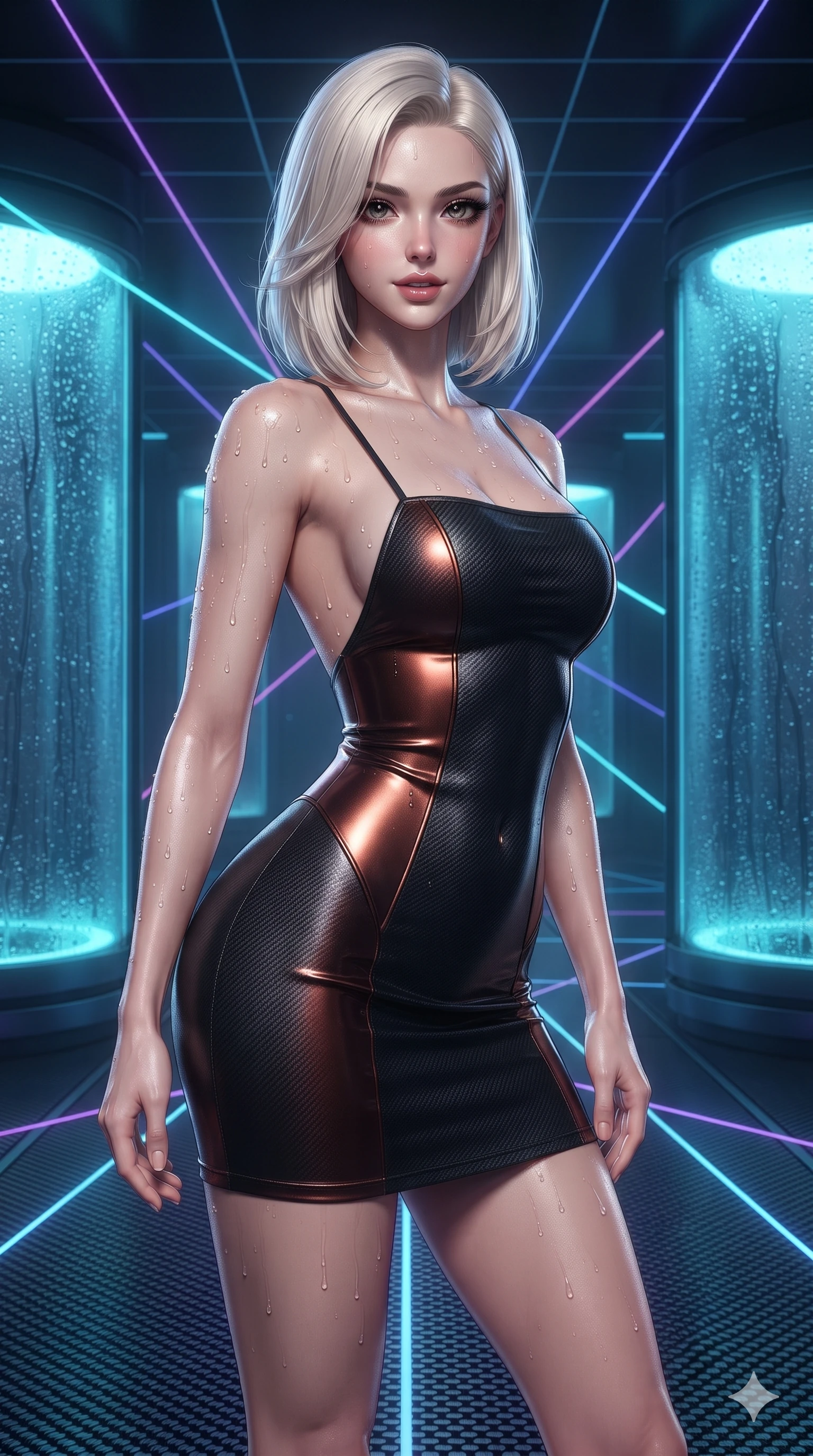 score_9, masterpiece, best quality, ultra-detailed, high-budget anime keyframe, editorial fashion photography, tasteful artistic composition, Caucasian woman. close-up cowboy shot from the waist and thighs up, the character dominates the composition, filling the frame with her large presence. twisting her slender torso in a deep contrapposto stance, hips dramatically shifted to accentuate her feminine curves while navigating the midnight sanctuary with an effortless, graceful stride, her dark tailored fit highlighting her hourglass curves. The surrounding environment is rendered in vivid detail and crisp panoramic clarity: sharp carbon-fiber platform weave, laser grid beam lines, and moisture condensation on stasis chamber glass in deep focus. She has an exceptionally elegant, slender, and willowy female figure with an ultra-slim waist, flat toned midriff, narrow ribcage, and sculpted feminine hips creating an alluring, slim hourglass silhouette without bulk. sharp v-shaped jawline, high-bridge nose, intricate jewel-like dark sparkling eyes with hypnotic seductive depth, thick curled eyelashes, glossy parted lips with a natural wine sheen, alluring bedroom-eyes with an enigmatic smoldering smile, exuding magnetic sovereign charisma and dark avant-garde glamour, flawlessly proportioned anatomical accuracy, strict slender model proportions, natural body alignment, perfectly sculpted long slender limbs, ultra-slim waistline, clean dynamic posture without body distortion. wearing a backless liquid vinyl mini slip dress with bare shoulder neckline in dark burnt copper and matte black, woven from matte carbon-fiber weave with high-tech structural hold, finished with glistening moisture droplets beading across her sculpted shoulders and flat midriff, the glove-like silhouette tightly following the natural contour of her hips and long slender legs with youthful 8.5-heads elegance. surrounded by a cool cybernetic aura with intense edge lighting and glowing cyan stasis backlights. ultra-reflective glossy finish, specular highlights, metallic sheen, high-contrast stereoscopic depth, volumetric dynamic lighting, 2k, ultra detail, master piece, 9:16 ratio