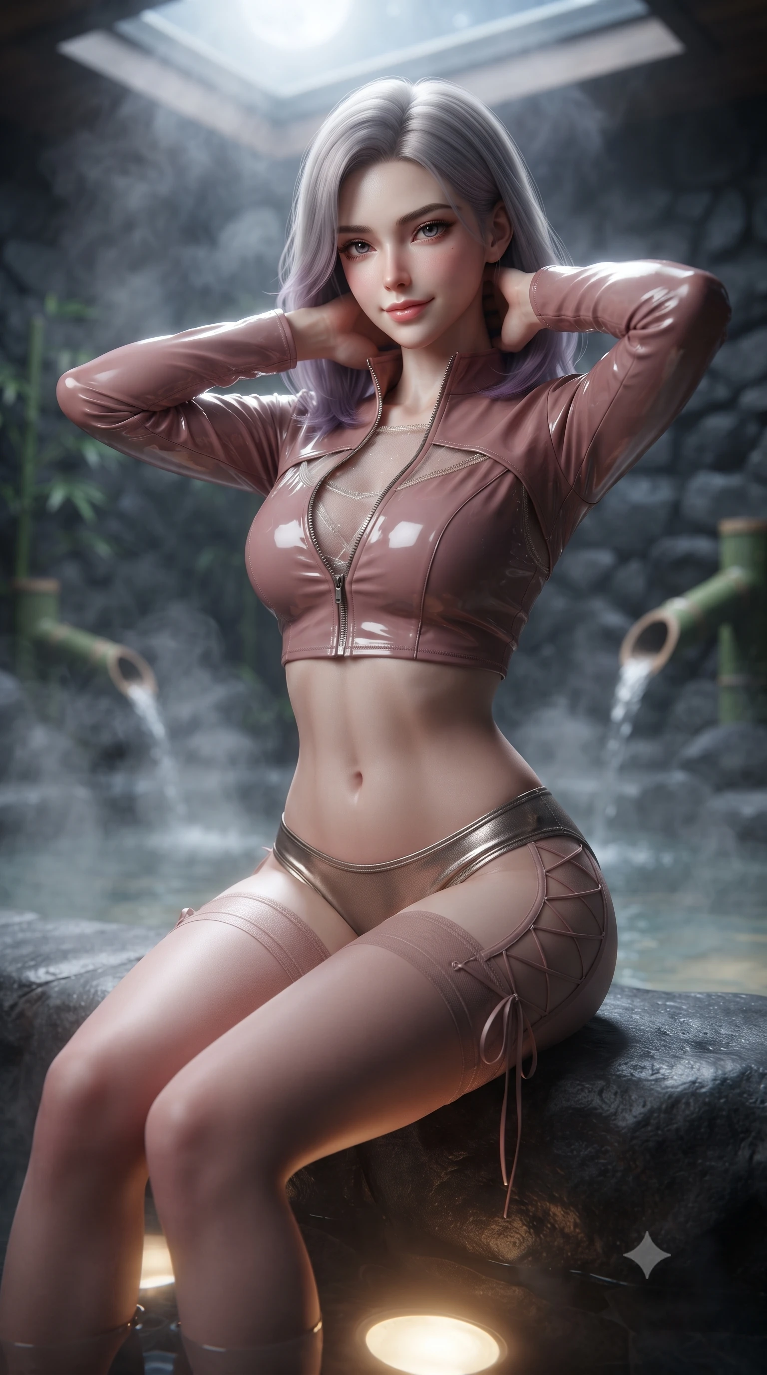 score_9, masterpiece, best quality, ultra-detailed, high-budget anime keyframe, editorial fashion photography, tasteful artistic composition, Caucasian woman. close-up cowboy shot from the waist and thighs up, the character dominates the composition, filling the frame with her large presence. resting both hands lightly behind her neck with elbows raised, arching her spine to highlight her narrow waist, flat midriff, and breathtaking collarbones while sitting on the smooth volcanic rock rim of the steaming bath, arching her spine with breathtaking wet-look siren grace. The background shows a soft-focus clouds of fragrant steam, dark volcanic stone walls, and bamboo water spouts blurred into misty charcoal, opal, and jade bokeh. She has an exceptionally elegant, slender, and willowy female figure with an ultra-slim waist, flat toned midriff, narrow ribcage, and sculpted feminine hips creating an alluring, slim hourglass silhouette without bulk. sharp v-shaped jawline, high-bridge nose, sparkling eyes with hypnotic seductive depth, thick curled eyelashes, glossy parted lips with a natural dewy peach sheen, alluring bedroom-eyes with an enchanting coquettish smile, exuding magnetic siren charisma and sophisticated glamour, flawlessly proportioned anatomical accuracy, strict slender model proportions, natural body alignment, perfectly sculpted long slender limbs, ultra-slim waistline, clean dynamic posture without body distortion. wearing a form-fitting zip-front wet-look vinyl bolero jacket paired with low-rise metallic hot-pants and sheer stockings in dusky blush rose and antique gold trims, made of delicate semi-sheer Korean gossamer organza with subtle pearlescent glints, featuring fine criss-cross lace-up side ties revealing tantalizing glimpses of her hip curve, the glove-like clinging cut tightly following the natural contour of her hips and long slender legs with youthful 8.5-heads elegance. bathed in warm underwater pool illumination combined with celestial harvest moonlight from the open skylight. ultra-reflective glossy finish, specular highlights, rich textural contrasts, high-contrast stereoscopic depth, volumetric dynamic lighting, 2k, ultra detail, master piece, 9:16 ratio