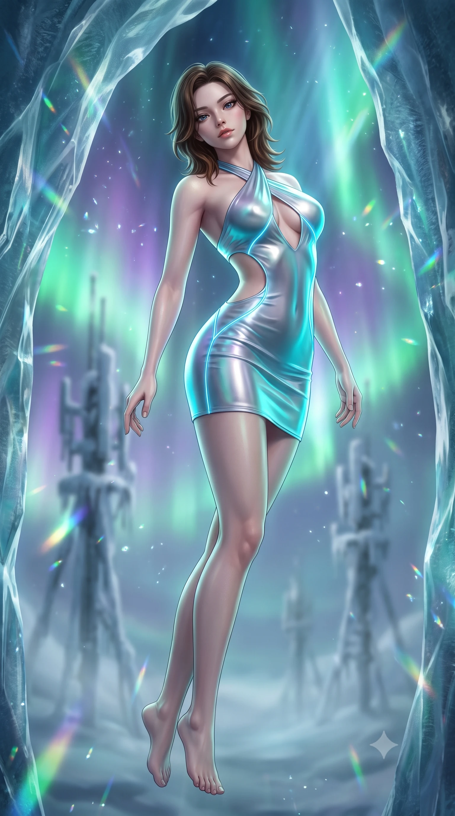 score_9, masterpiece, best quality, ultra-detailed, high-budget anime keyframe, semi-realistic 3D game render, editorial fashion photography, tasteful artistic composition, Korean woman. low angle full-body shot from head to toe showing her feet, filling the entire 9:16 vertical frame with her statuesque presence, stretching her vertical silhouette. arching her back in a fluid zero-gravity turn with sovereign grace, her long slender legs and sculpted torso creating a sweeping line while arching her body in a fluid motion as light beams refract through ancient transparent ice walls. The composition keeps background elements in soft focus with creamy bokeh. frost-covered technological pylons and icy fog softened in smooth atmospheric depth of field. She has an absolutely perfect, statuesque 8.5-heads proportion, an exceptionally tall and slender model-like female figure with impossibly long slender legs and an ultra-slim waist. sharp v-shaped jawline, high-bridge nose, intricate jewel-like eyes with depth, thick eyelashes, glossy lips with a natural sheen, flawlessly proportioned anatomical accuracy, natural body alignment, perfectly sculpted elegant limbs, clean dynamic posture without body distortion. wearing a molten silver liquid-metal mini dress featuring deep side-waist cutouts and a daring crossover halter neckline in liquid mercury silver and glowing electric cyan, made of smooth iridescent silk chiffon that shifts colors with movement, accented with glowing fiber-optic seams tracing her collarbones and hip curves, the form-contouring second-skin material highlighting her ultra-slim waist and long lines. bathed in glowing emerald and violet aurora light with glittering diamond-dust refractions. highly saturated vibrant anime colors, detailed shading with soft gradients, rich glossy textures, high-contrast stereoscopic depth, volumetric dynamic lighting, master piece, 9:16 ratio
