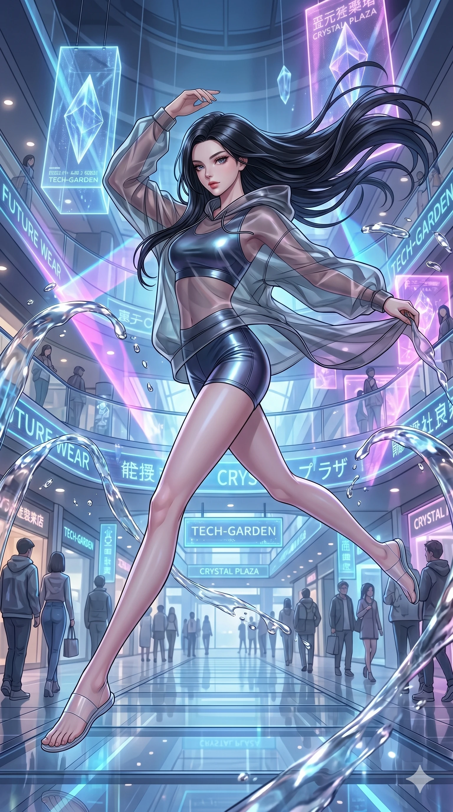 score_9, masterpiece, best quality, ultra-detailed, high-budget anime movie keyframe, cinematic anime lighting, intricate line art, Japanese woman. Dynamic full-body shot stretching the vertical silhouette across the 9:16 frame. leaping gracefully in a holographic shopping mall with liquid mercury fountains. She has an absolutely perfect 8-heads proportion, an exceptionally tall and slender female figure with an ultra-slim waist and impossibly long slender legs. sharp v-shaped jawline, high-bridge nose, intricate jewel-like eyes, thick eyelashes, glossy lips. Wearing premium athleisure set with a metallic-finish compression top, high-cut yoga shorts that accentuate her long legs, and a sheer oversized hoodie. The scene is illuminated by dramatic atmospheric lighting and vibrant color palettes. , 2k, ultra detail, master piece, 9:16 ratio