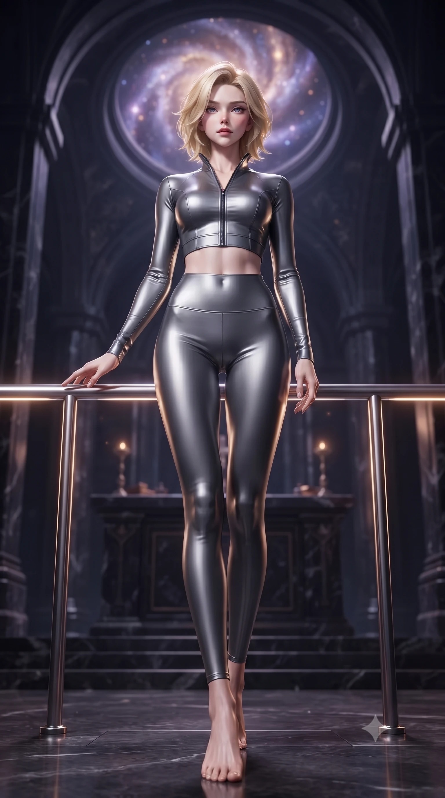score_9, masterpiece, best quality, ultra-detailed, high-budget anime keyframe, editorial fashion photography, tasteful artistic composition, Caucasian woman. low angle full-body shot from head to toe showing her feet, filling the entire 9:16 vertical frame with her statuesque presence, stretching her vertical silhouette. standing in a tall, confident posture with one hand on a glowing metal railing, stretching her statuesque body, the background shows a soft-focus an obsidian cathedral altar under a swirling cosmic nebula. She has an absolutely perfect, statuesque 8.5-heads proportion, an exceptionally tall and slender model-like female figure with impossibly long slender legs and an ultra-slim waist. sharp v-shaped jawline, high-bridge nose, intricate jewel-like eyes with depth, thick eyelashes, glossy lips with a natural sheen. wearing a tailored body-hugging high-neck activewear set of a zipped long-sleeve crop top and matching leggings in carbon-grey. soft violet and amber starlight casting cozy shadows on the altar stone. ultra-reflective glossy finish, specular highlights, metallic sheen, high-contrast stereoscopic depth, volumetric dynamic lighting, 2k, ultra detail, master piece, 9:16 ratio