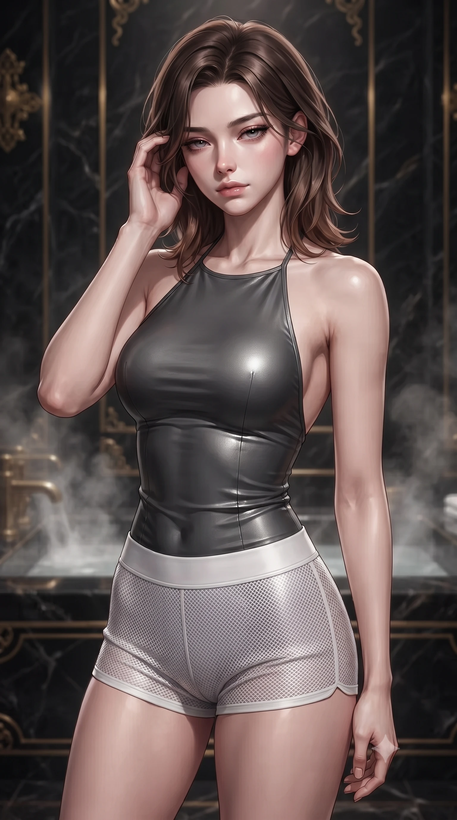 score_9, masterpiece, best quality, ultra-detailed, high-budget anime keyframe, editorial fashion photography, tasteful artistic composition, Korean woman. close-up cowboy shot from the waist and thighs up, the character dominates the composition, filling the frame with her large presence, background elements kept in soft focus. gently touching the side of her temple, casting a heavy-lidded, sultry look past the camera, the background shows a soft-focus a steamy private bath chamber built of dark obsidian stone with gold accents. She has an exceptionally elegant, slender, and willowy female figure with an ultra-slim waist, a gracefully sculpted slender torso, and a refined silhouette. sharp v-shaped jawline, high-bridge nose, intricate jewel-like eyes with depth, thick eyelashes, glossy lips with a natural sheen. wearing a form-contouring backless combat halter top in charcoal grey, paired with white carbon-mesh micro-shorts. dramatic chiaroscuro lighting focusing on her athletic, slender build. ultra-reflective glossy finish, specular highlights, metallic sheen, high-contrast stereoscopic depth, volumetric dynamic lighting, 2k, ultra detail, master piece, 9:16 ratio
