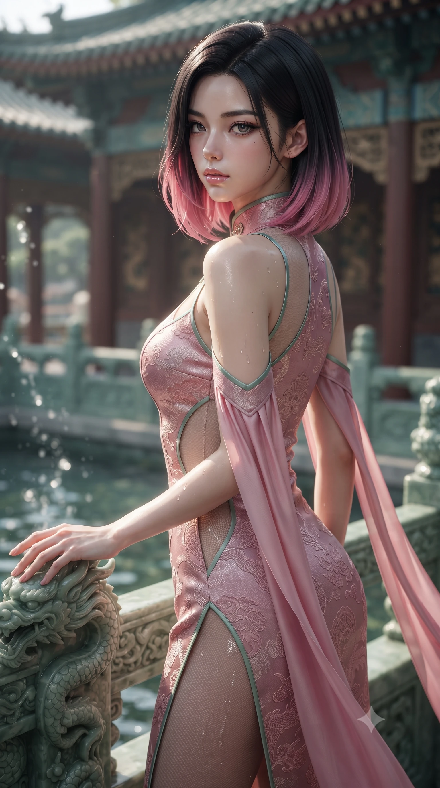 score_9, masterpiece, best quality, ultra-detailed, high-budget anime keyframe, editorial fashion photography, tasteful artistic composition, Korean woman. close-up cowboy shot from the waist and thighs up, the character dominates the composition, filling the frame with her large presence. turning over her shoulder with an indomitable, smoldering gaze, her soft hair framing her razor-sharp v-shaped jawline while resting one hand on an ornate carved jade dragon railing, looking into the lens with a piercing, majestic gaze. The surrounding environment is rendered in vivid detail and crisp panoramic clarity. detailed mineral spring caustics, architectural bracket systems, and silk embroidery in high clarity. She has an exceptionally elegant, slender, and willowy female figure with an ultra-slim waist, a gracefully sculpted slender torso, toned flat midriff, and a refined slim silhouette. sharp v-shaped jawline, high-bridge nose, intricate jewel-like eyes with depth, thick eyelashes, glossy lips with a natural sheen, captivating and magnetic expression, flawlessly proportioned anatomical accuracy, strict slender model proportions, natural body alignment, perfectly sculpted long slender limbs, ultra-slim waistline, clean dynamic posture without body distortion. wearing a dragon-embroidered silk cheongsam modern dress with asymmetrical sheer mesh cutouts and high Mandarin collar in lotus petal pink and jade mist, made of rich textured jacquard silk with dragon scale weave, complemented by long flowing silk arm ribbons that float weightlessly in the air, the liquid-tight tailored fabric emphasizing every curve of her tall, slender model proportions and sculptured silhouette during dynamic movement. illuminated by wet reflective highlights defining her sculpted neck, waistline, and slender legs. ultra-reflective glossy finish, specular highlights, rich textural contrasts, high-contrast stereoscopic depth, volumetric dynamic lighting, 2k, ultra detail, master piece, 9:16 ratio
