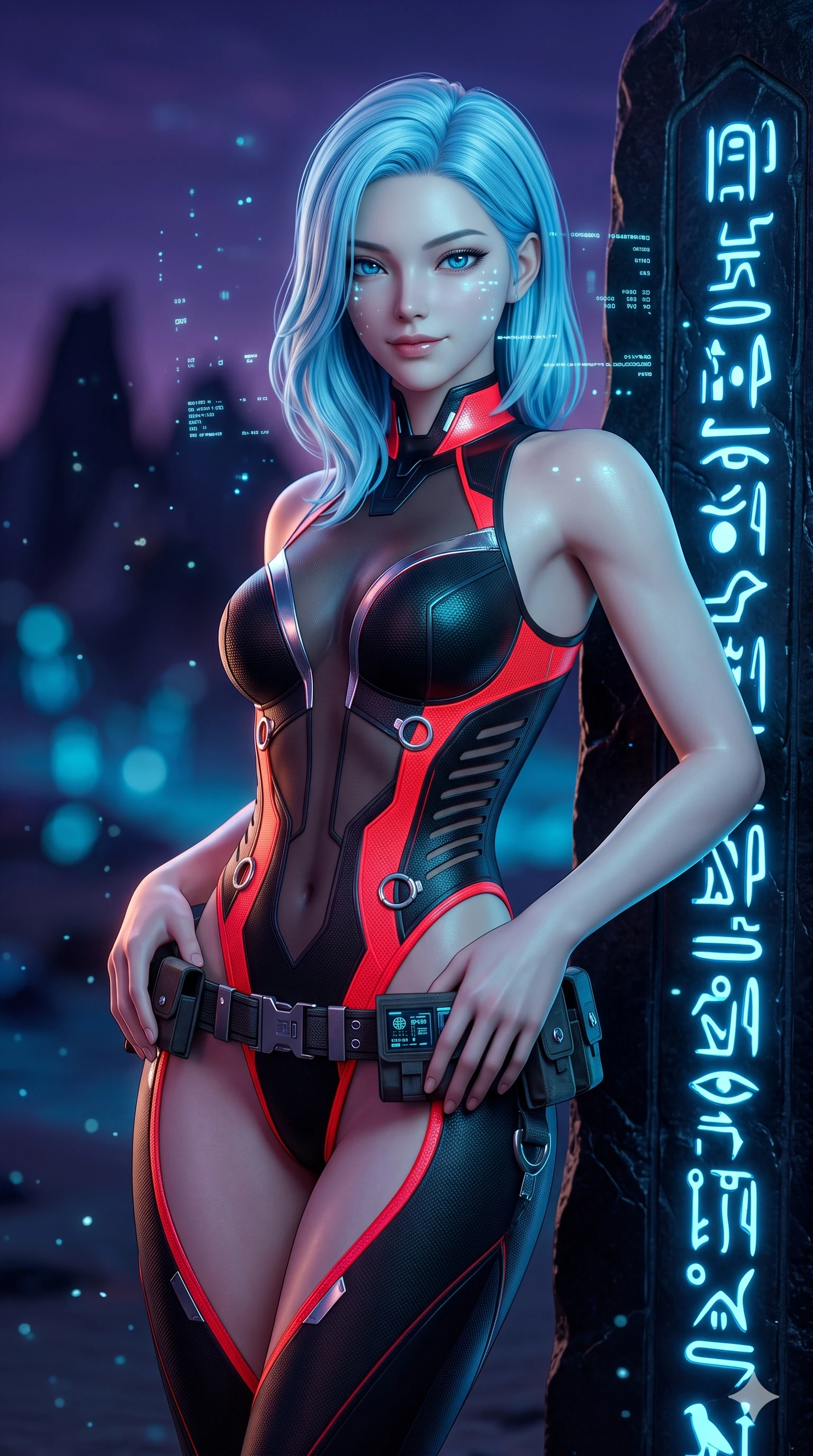 score_9, masterpiece, best quality, ultra-detailed, high-budget anime keyframe, semi-realistic 3D game render, editorial fashion photography, tasteful artistic composition, Korean woman. close-up cowboy shot from the waist and thighs up, the character dominates the composition, filling the frame with her large presence. resting both hands lightly on her tactical utility belt, arching her spine to highlight her narrow waist, flat midriff, and breathtaking collarbones while leaning against an ancient carved obsidian stela with hips cocked back, gazing through floating holographic data particles with smoldering eyes. The background shows a soft-focus pulsing blue luminescent alien hieroglyphs, floating dust motes, and distant jagged obsidian mountain silhouettes blurred into sapphire, cyan, and deep indigo bokeh. She has an exceptionally elegant, slender, and willowy female figure with an ultra-slim waist, flat toned midriff, narrow ribcage, and sculpted feminine hips creating an alluring, slim hourglass silhouette without bulk. sharp v-shaped jawline, high-bridge nose, intricate jewel-like sparkling eyes with depth, thick eyelashes, glossy parted lips with a natural sheen, bright confident smile with an enchanting and coquettish sensual glint, exuding both youthful magnetic charm and sovereign high-tech allure, flawlessly proportioned anatomical accuracy, strict slender model proportions, natural body alignment, perfectly sculpted long slender limbs, ultra-slim waistline, clean dynamic posture without body distortion. wearing a provocative sheer-illusion nanotech lace bodysuit with strategic metallic foil flocking and high-cut leg openings in midnight black lacquer and vibrant scarlet neon, made of flexible bullet-resistant ballistic microfiber with high-tensile strength, finished with sharp laser-cut side ventilation slits framed by silver hardware rings, the form-contouring cut accentuating her sculpted flat midriff, narrow delicate ribcage, and gracefully curvy hips with cybernetic supermodel precision. bathed in the serene glowing cyan-blue light of the alien glyphs contrasting with the deep purple ambient twilight of the desert sky. highly saturated vibrant anime colors, detailed shading with soft gradients, rich glossy textures, high-contrast stereoscopic depth, volumetric dynamic lighting, master piece, 9:16 ratio