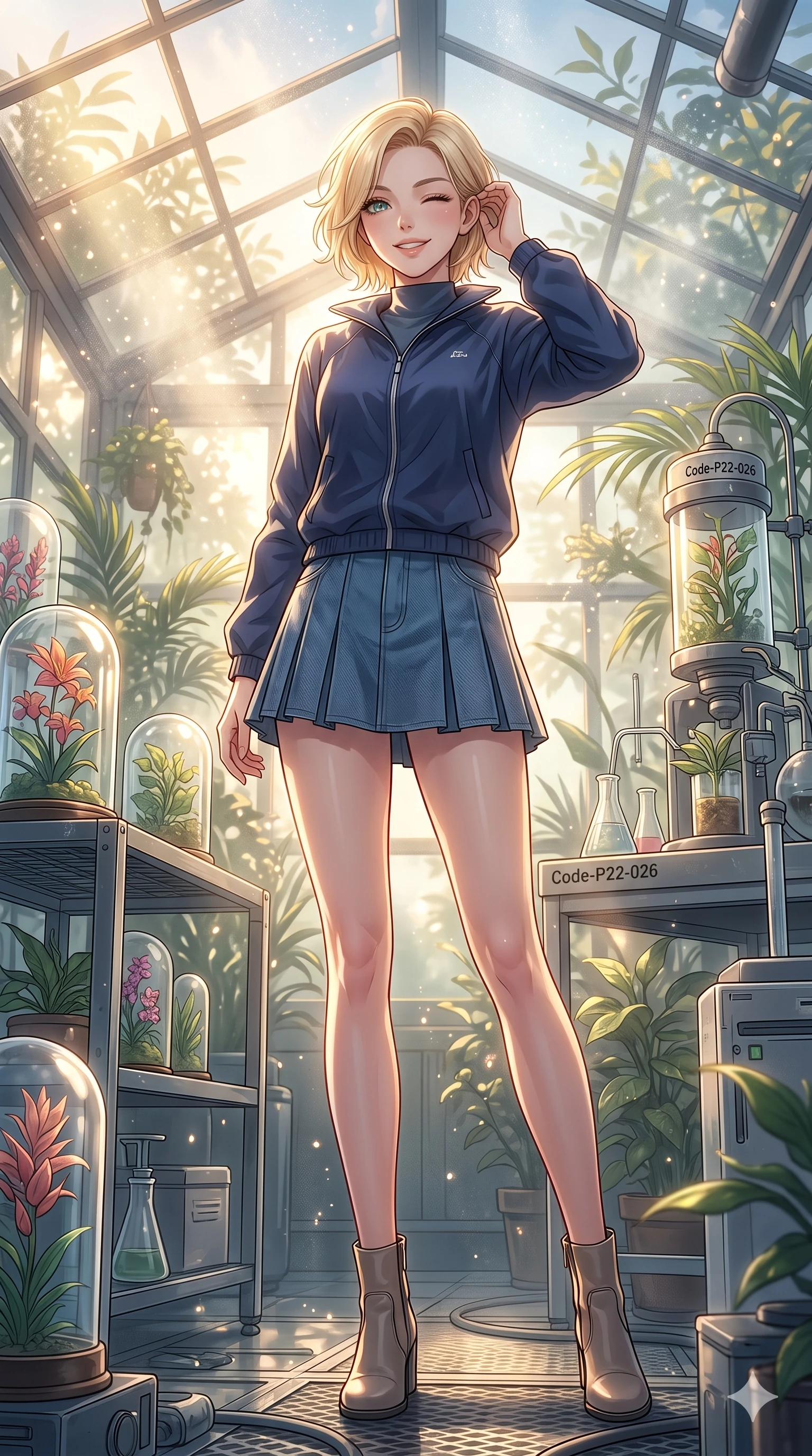 score_9, masterpiece, best quality, ultra-detailed, high-budget anime keyframe, vibrant anime aesthetic, Caucasian woman, strictly human ears. low angle full-body shot from head to toe showing her feet, filling the entire 9:16 vertical frame with her statuesque presence, stretching her vertical silhouette. She is smiling delightfully while tucking a lock of hair behind her ear, gazing at the camera with sparkling eyes surrounded by fresh morning mist. inside a sunny greenhouse laboratory filled with rare botanical specimens and golden volumetric sunbeams (Code-P22-026). She has an absolutely perfect 8-heads proportion, an exceptionally tall and slender female figure with impossibly long slender legs and an ultra-slim waist. V-shaped jawline, high-bridge nose, intricate jewel-like eyes with depth, thick eyelashes, glossy lips with a natural sheen. wearing a modern windbreaker in navy over a high-neck shirt and a pleated denim skirt with stylish boots. She is bathed in soft, glowing golden hour sun casting long, elegant shadows, highlighting her winking face and glossy lips during a refreshing sun shower. 2k, ultra detail, master piece, 9:16 ratio
