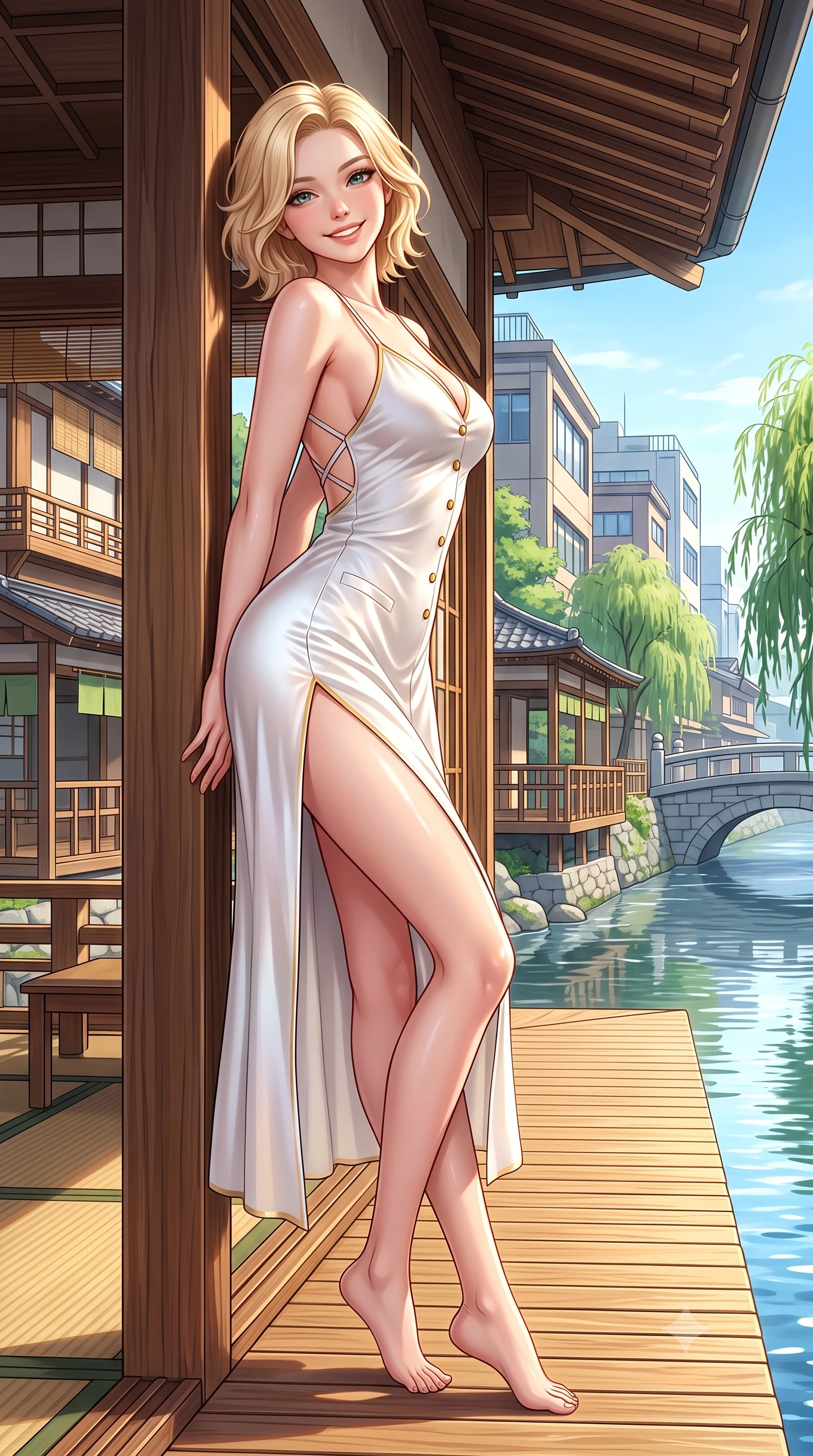 score_9, masterpiece, best quality, ultra-detailed, high-budget anime keyframe, semi-realistic 3D game render, editorial fashion photography, tasteful artistic composition, Caucasian woman. low angle full-body shot from head to toe showing her feet, filling the entire 9:16 vertical frame with her statuesque presence, stretching her vertical silhouette. leaning deep against the sunlit architecture with hips cocked back in a cute yet unapologetically alluring high-fashion stance, flashing a warm beaming smile while standing poised on the sun-warmed wooden veranda, twisting her slender torso in an alluring S-curve in the gentle spring river breeze. The surrounding environment is rendered in vivid detail and crisp panoramic clarity. detailed silk dress drape, soft sun glints on skin, and Kyoto riverbank architecture in high resolution. She has an exceptionally tall and slender model-like 8.5-heads proportion, an ultra-slim waist, a flat toned midriff, narrow delicate ribcage, and beautifully sculpted feminine hips creating a graceful, slim hourglass silhouette without any bulky heaviness, with impossibly long slender legs. sharp v-shaped jawline, high-bridge nose, intricate jewel-like sparkling eyes with depth, thick eyelashes, glossy parted lips with a natural peach sheen, bright cheerful beaming smile with an enchanting and coquettish sensual glint, exuding both youthful cute charm and seductive allure, flawlessly proportioned anatomical accuracy, strict slender model proportions, natural body alignment, perfectly sculpted long slender limbs, ultra-slim waistline, clean dynamic posture without body distortion. wearing a breezy silk-satin slip dress featuring a thigh-high side slit ascending to the high hip and criss-cross back straps in pure alabaster white and sun-kissed gold, made of smooth fluid silk satin with a delicate pearlescent sheen, finished with neat front wooden buttons and delicate pocket details, the liquid-tight tailored fabric clinging flawlessly to her narrow waist and rounded feminine hips, emphasizing every millimeter of her sculpted slim hourglass curves without any bulky heaviness. illuminated by gentle water surface reflections sharply defining her razor-sharp jawline, narrow waist, and curvy hips. highly saturated vibrant anime colors, detailed shading with soft gradients, rich glossy textures, high-contrast stereoscopic depth, volumetric dynamic lighting, master piece, 9:16 ratio
