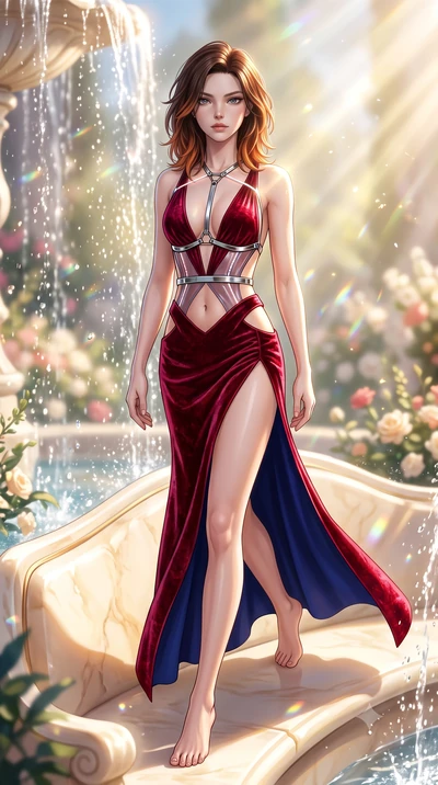 score_9, masterpiece, best quality, ultra-detailed, high-budget anime keyframe, semi-realistic 3D game render, editorial fashion photography, tasteful artistic composition, Korean woman. low angle full-body shot from head to toe showing her feet, fil