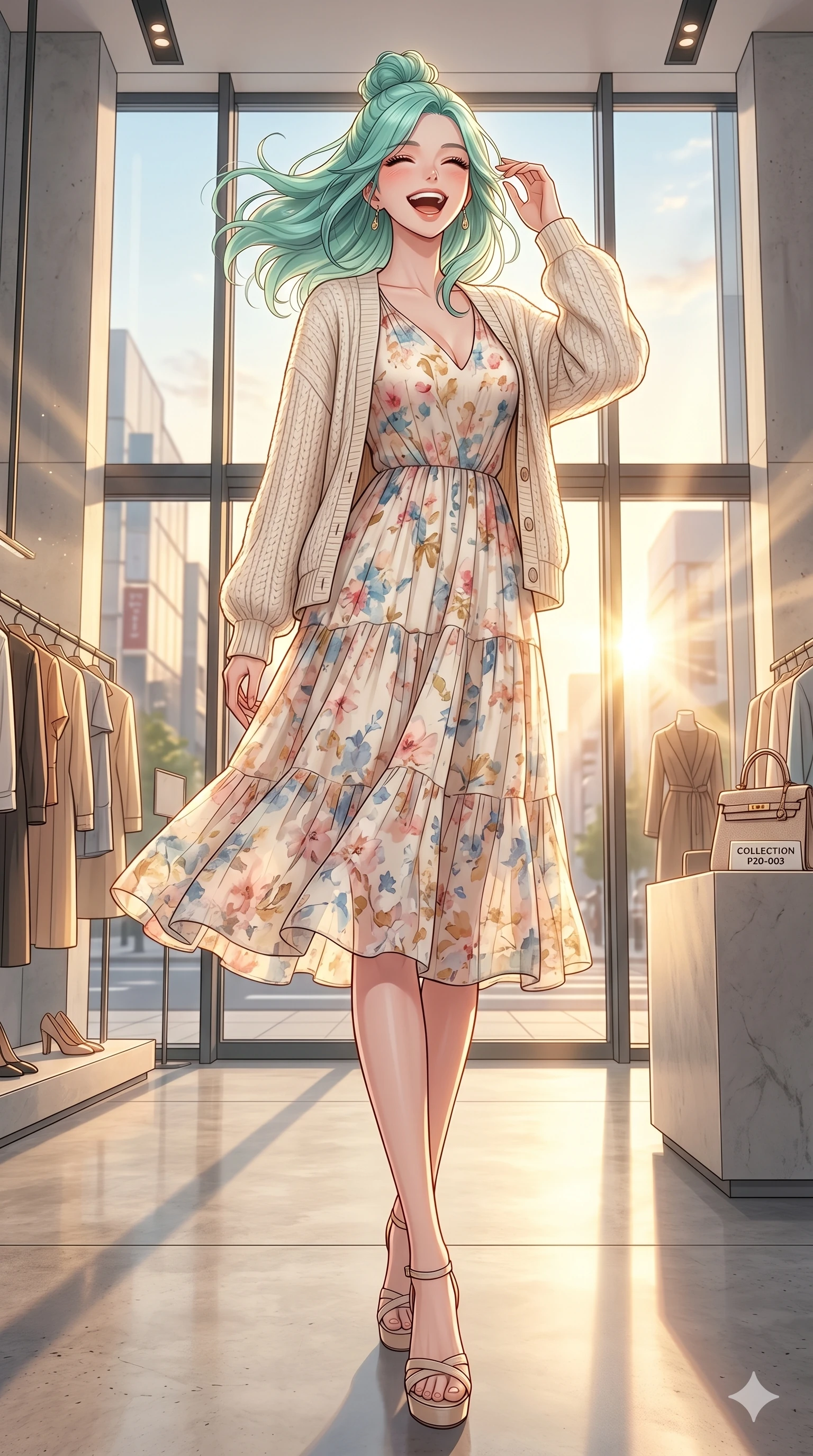 score_9, masterpiece, best quality, ultra-detailed, high-budget anime keyframe, vibrant anime aesthetic, Japanese woman. low angle full-body shot from head to toe showing her feet, filling the entire 9:16 vertical frame with her statuesque presence, stretching her vertical silhouette. She is laughing cheerfully while tossing her hair, her eyes glowing with happiness standing in a modern high-fashion boutique with large glass windows letting in golden sunlight (Code-P20-003). She has an absolutely perfect 8-heads proportion, an exceptionally tall and slender female figure with impossibly long slender legs and an ultra-slim waist. V-shaped jawline, high-bridge nose, intricate jewel-like eyes with depth, thick eyelashes, glossy lips with a natural sheen. wearing a floral print chiffon midi dress with a cream-colored knit cardigan. She is bathed in soft, radiant golden hour sun casting long, elegant shadows around her. 2k, ultra detail, master piece, 9:16 ratio