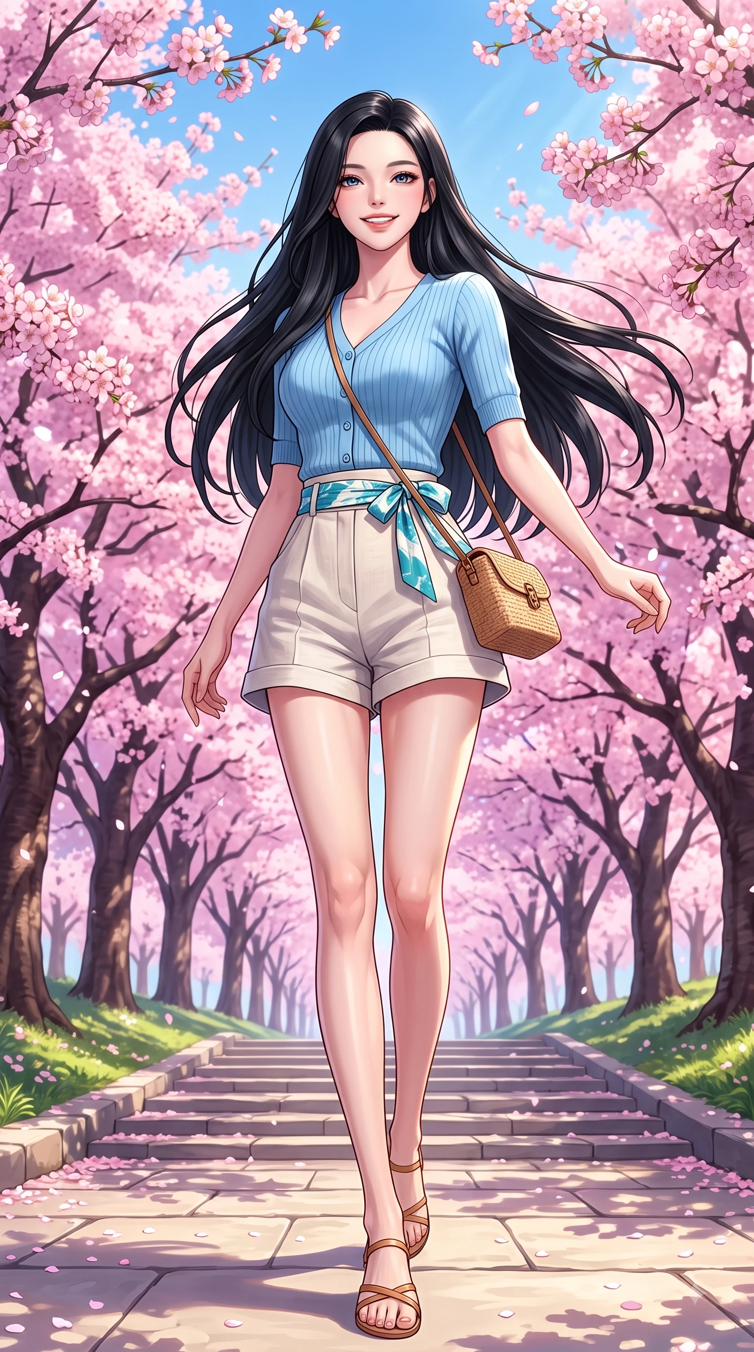 score_9, masterpiece, best quality, ultra-detailed, high-budget anime keyframe, editorial fashion photography, tasteful artistic composition, Korean woman. low angle full-body shot from head to toe showing her feet, filling the entire 9:16 vertical frame with her statuesque presence, stretching her vertical silhouette. performing a cheerful mid-motion turn with flawless poise, her radiant smile capturing fresh girlhood energy while walking up a gentle hill path lined with blooming sakura cherry trees in full spring bloom. The surrounding environment is rendered in vivid detail and crisp panoramic clarity. endless pink sakura tree arcades, sunlit stone pathways, and clear spring blue sky in deep focus. She has an absolutely perfect, statuesque 8.5-heads proportion, an exceptionally tall and slender model-like female figure with impossibly long slender legs and an ultra-slim waist. sharp v-shaped jawline, high-bridge nose, intricate jewel-like eyes with depth, thick eyelashes, glossy lips with a natural sheen, flawlessly proportioned anatomical accuracy, natural body alignment, perfectly sculpted elegant limbs, clean dynamic posture without body distortion. wearing a sky-blue ribbed short-sleeve cardigan with high-waist linen shorts and a dainty waist sash in ocean turquoise and sea-salt white, tailored from crisp cotton poplin, accented with a dainty waist ribbon bow, the relaxed yet flattering fit accentuating her naturally graceful and slender figure. surrounded by a fresh, sweet, and nostalgic spring park atmosphere. highly saturated vibrant anime colors, detailed shading with soft gradients, rich glossy textures, high-contrast stereoscopic depth, volumetric dynamic lighting, master piece, 9:16 ratio