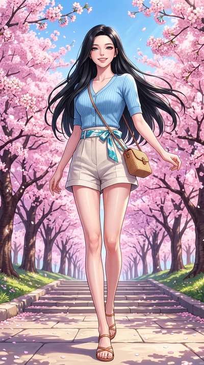 score_9, masterpiece, best quality, ultra-detailed, high-budget anime keyframe, editorial fashion photography, tasteful artistic composition, Korean woman. low angle full-body shot from head to toe showing her feet, filling the entire 9:16 vertical f