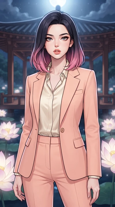 score_9, masterpiece, best quality, ultra-detailed, high-budget anime keyframe, gorgeous anime illustration, with clean line-art and distinct ink outlines, Korean woman. close-up cowboy shot from the waist and thighs up, the character dominates the c