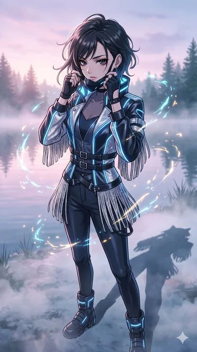 score_9, masterpiece, best quality, ultra-detailed, Set A: High-budget Anime Keyframe, Japanese woman. Low angle cowboy shot filling the entire 9:16 frame with her statuesque presence. Adjusting a mask through a misty lakeside at dawn, while her shad
