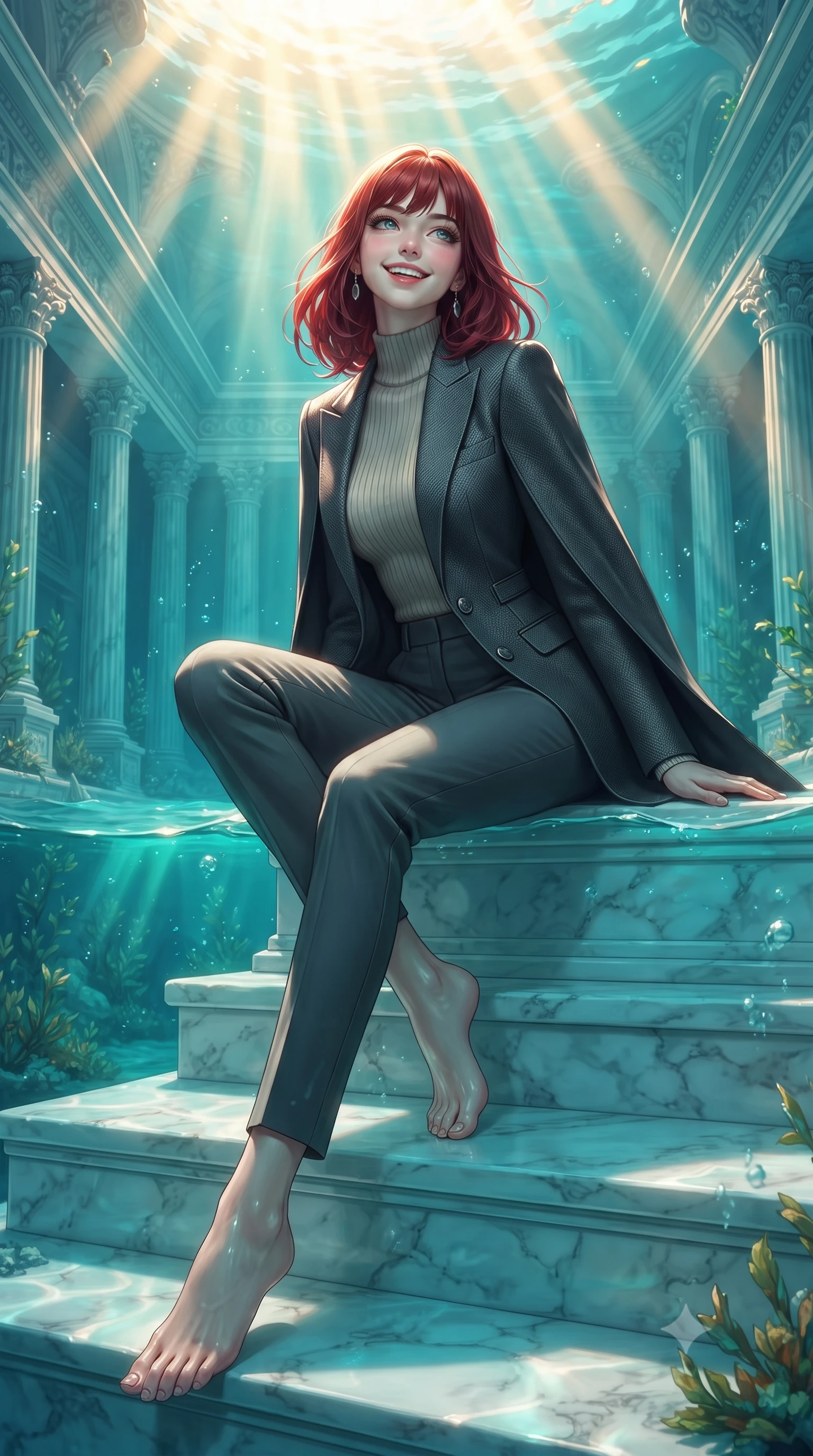 score_9, masterpiece, best quality, ultra-detailed, high-budget anime keyframe, editorial fashion photography, tasteful artistic composition, Caucasian woman. low angle full-body shot from head to toe showing her feet, filling the entire 9:16 vertical frame with her statuesque presence, stretching her vertical silhouette. sitting poised on the stone steps with one knee bent, arching her spine with supermodel elegance as she glances upward through thick eyelashes while standing poised on the submerged white marble temple step as brilliant golden sunbeams penetrate the turquoise water cavern, arching her spine with sovereign supermodel poise. The surrounding environment is rendered in vivid detail and crisp panoramic clarity: detailed high-fashion silk tailoring, liquid drape, and grand sunken classical architecture in high resolution. She has an exceptionally tall and slender model-like 8.5-heads proportion, an ultra-slim waist, a flat toned midriff, narrow delicate ribcage, and beautifully sculpted feminine hips creating a graceful, slim hourglass silhouette without any bulky heaviness, with impossibly long slender legs. sharp v-shaped jawline, high-bridge nose, intricate jewel-like sparkling eyes with depth, thick eyelashes, glossy parted lips with a natural peach sheen, bright cheerful beaming smile with an enchanting and coquettish sensual glint, exuding both youthful cute charm and seductive allure, flawlessly proportioned anatomical accuracy, strict slender model proportions, natural body alignment, perfectly sculpted long slender limbs, ultra-slim waistline, clean dynamic posture without body distortion. wearing a tailored cyber-haute couture cape blazer layered over a high-neck ribbed knit top and tailored trousers in charcoal grey and polished chrome, woven from structured carbon-fiber jacquard with rich textural depth, finished with sleek magnetic buckle closures fluttering in the breeze, the impeccably tailored cut draping gracefully along her slender figure with aristocratic poise. bathed in blinding warm golden midday sunbeams slicing through cool turquoise water. ultra-reflective glossy finish, specular highlights, rich textural contrasts, high-contrast stereoscopic depth, volumetric dynamic lighting, 2k, ultra detail, master piece, 9:16 ratio