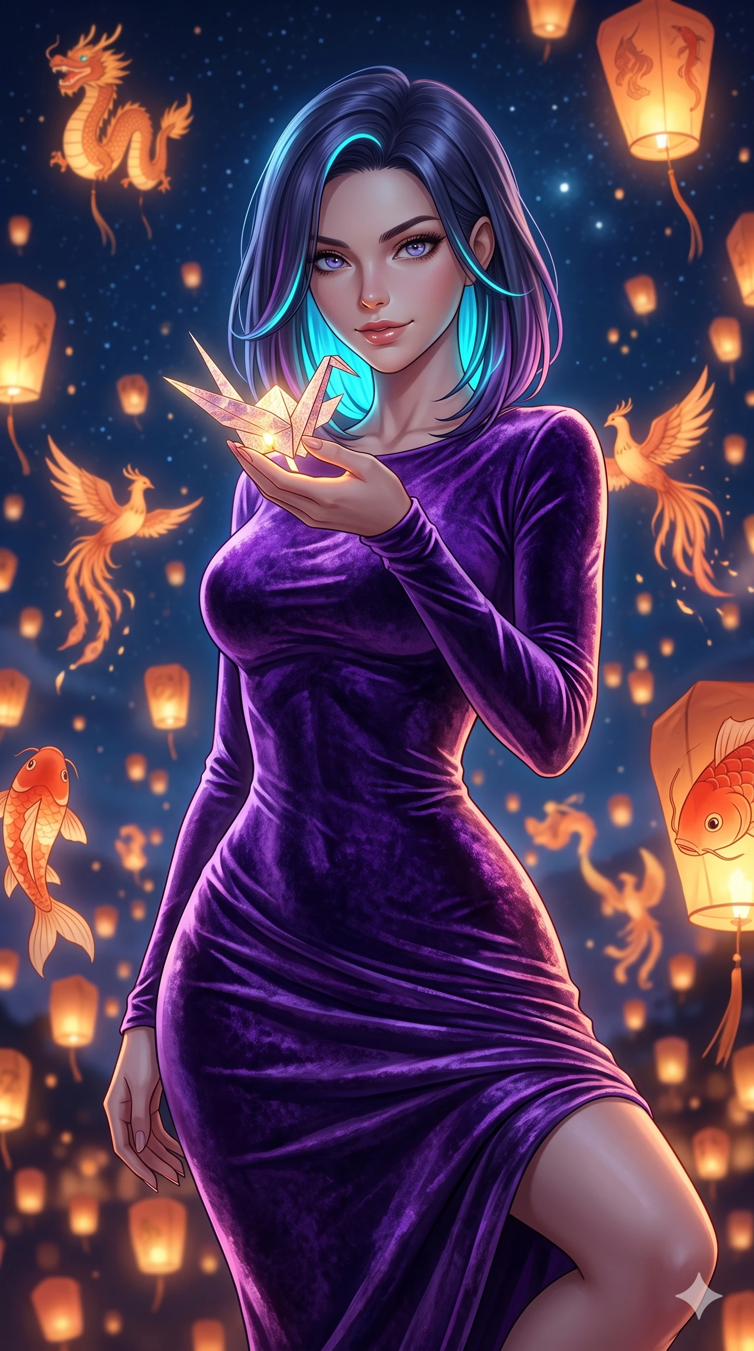 score_9, masterpiece, best quality, ultra-detailed, high-budget anime keyframe, editorial fashion photography, tasteful artistic composition, Caucasian woman, strictly human ears. close-up cowboy shot from the waist and thighs up, the character dominates the composition, filling the frame with her large presence, background elements kept in soft focus. Holding a delicate object up near her face while gazing at the viewer with a knowing smile. set against a soft-focus background of a moonlit festival where thousands of illuminated paper lanterns shaped like mythical creatures dragons phoenixes and koi fish float upward into a star-filled sky trailing warm light. She has an exceptionally elegant and slender, willowy female figure with an ultra-slim waist, a gracefully sculpted slender torso, and a refined slim physique. sharp v-shaped jawline, high-bridge nose, intricate jewel-like eyes with depth, thick eyelashes, glossy lips with a natural sheen. wearing a figure-hugging mermaid gown in crushed royal purple velvet, featuring long sleeves and a fabric drape that molds beautifully to her slender curves. warm orange and amber glow from thousands of paper lanterns against the cool deep blue of the night sky creating a magical warm-cool contrast. 2k, ultra detail, master piece, 9:16 ratio