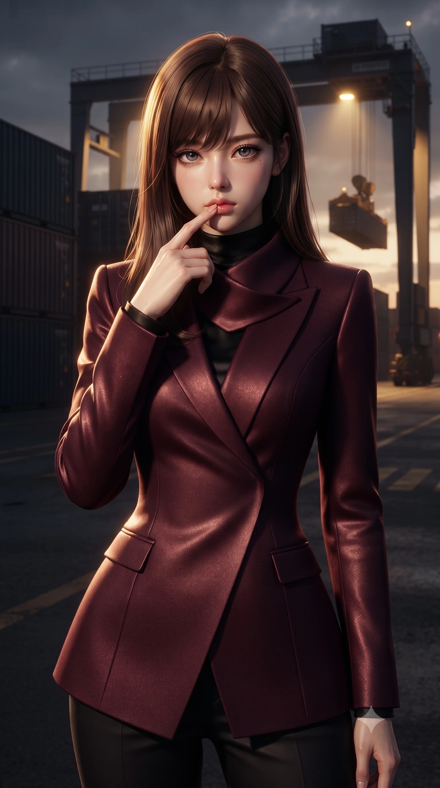 score_9, masterpiece, best quality, ultra-detailed, high-budget anime keyframe, editorial fashion photography, tasteful artistic composition, Korean woman. close-up cowboy shot from the waist and thighs up, the character dominates the composition, filling the frame with her large presence, background elements kept in soft focus. pressing one finger to her bottom lip in a thoughtful, seductive gesture under the warm sun the background shows a soft-focus a dark industrial docks area with shipping containers and automated cargo cranes. She has an exceptionally elegant, slender, and willowy female figure with an ultra-slim waist, a gracefully sculpted slender torso, and a refined silhouette. sharp v-shaped jawline, high-bridge nose, intricate jewel-like eyes with depth, thick eyelashes, glossy lips with a natural sheen. wearing a form-contouring tailored asymmetric jacket in deep burgundy wool with a high wrap collar, over a black silk mock-neck blouse. harsh sodium yellow spotlights casting long dramatic industrial shadows. ultra-reflective glossy finish, specular highlights, metallic sheen, high-contrast stereoscopic depth, volumetric dynamic lighting, 2k, ultra detail, master piece, 9:16 ratio