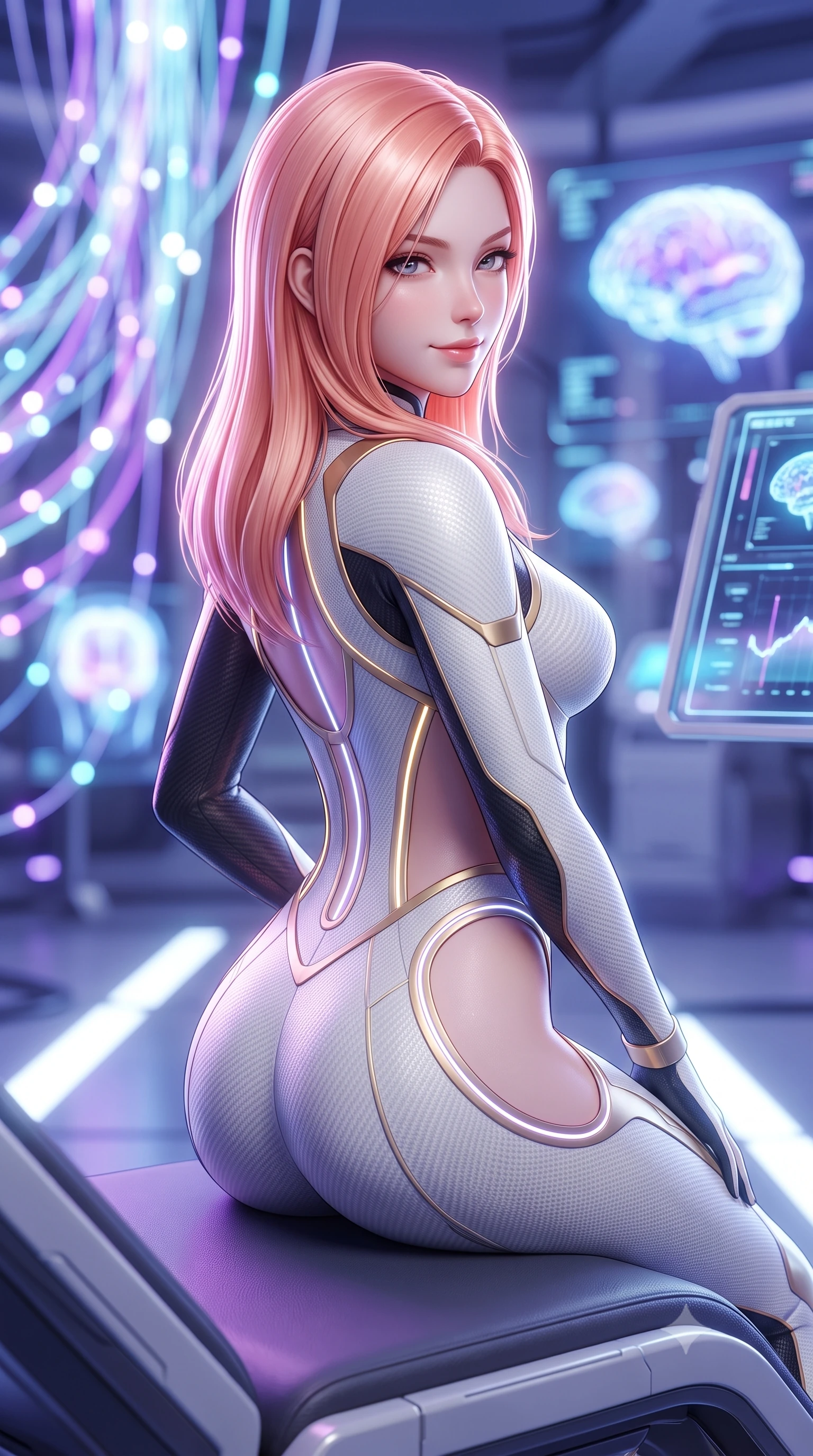 score_9, masterpiece, best quality, ultra-detailed, high-budget anime keyframe, semi-realistic 3D game render, editorial fashion photography, tasteful artistic composition, Japanese woman. close-up cowboy shot from the waist and thighs up, the character dominates the composition, filling the frame with her large presence. turning slowly with a smoldering smile, her sleek hair catching the cockpit HUD rim light as her hips angle gracefully in a captivating contrapposto while lounging gracefully on an ergonomic anti-gravity examination recliner, her long slender limbs and hourglass curves radiating high-tech allure. The background shows a soft-focus thousands of glowing glass neural fibers and holographic brain scan projections blurred into electric violet, cyan, and clean white bokeh. She has an exceptionally elegant, slender, and willowy female figure with an ultra-slim waist, flat toned midriff, narrow ribcage, and sculpted feminine hips creating an alluring, slim hourglass silhouette without bulk. sharp v-shaped jawline, high-bridge nose, intricate jewel-like sparkling eyes with depth, thick eyelashes, glossy parted lips with a natural sheen, bright confident smile with an enchanting and coquettish sensual glint, exuding both youthful magnetic charm and sovereign high-tech allure, flawlessly proportioned anatomical accuracy, strict slender model proportions, natural body alignment, perfectly sculpted long slender limbs, ultra-slim waistline, clean dynamic posture without body distortion. wearing a form-fitting white-and-gold zero-gravity EVA jumpsuit with an ultra-slim corseted waist and exposed clavicle line in glossy onyx black and warm champagne gold hardware, crafted from lightweight aerodynamic matte carbon-fiber weave with structural stiffness, accented with glowing neon fiber-optic piping tracing her spine and hip lines, the precision-cut side openings and low-back scoop framing her graceful spine and the sensual sweep of her slim, toned hips. illuminated by floor light strips and sharp icy-platinum rim lights defining her sculpted collarbones, ultra-slim waist, and curvy hips. highly saturated vibrant anime colors, detailed shading with soft gradients, rich glossy textures, high-contrast stereoscopic depth, volumetric dynamic lighting, master piece, 9:16 ratio