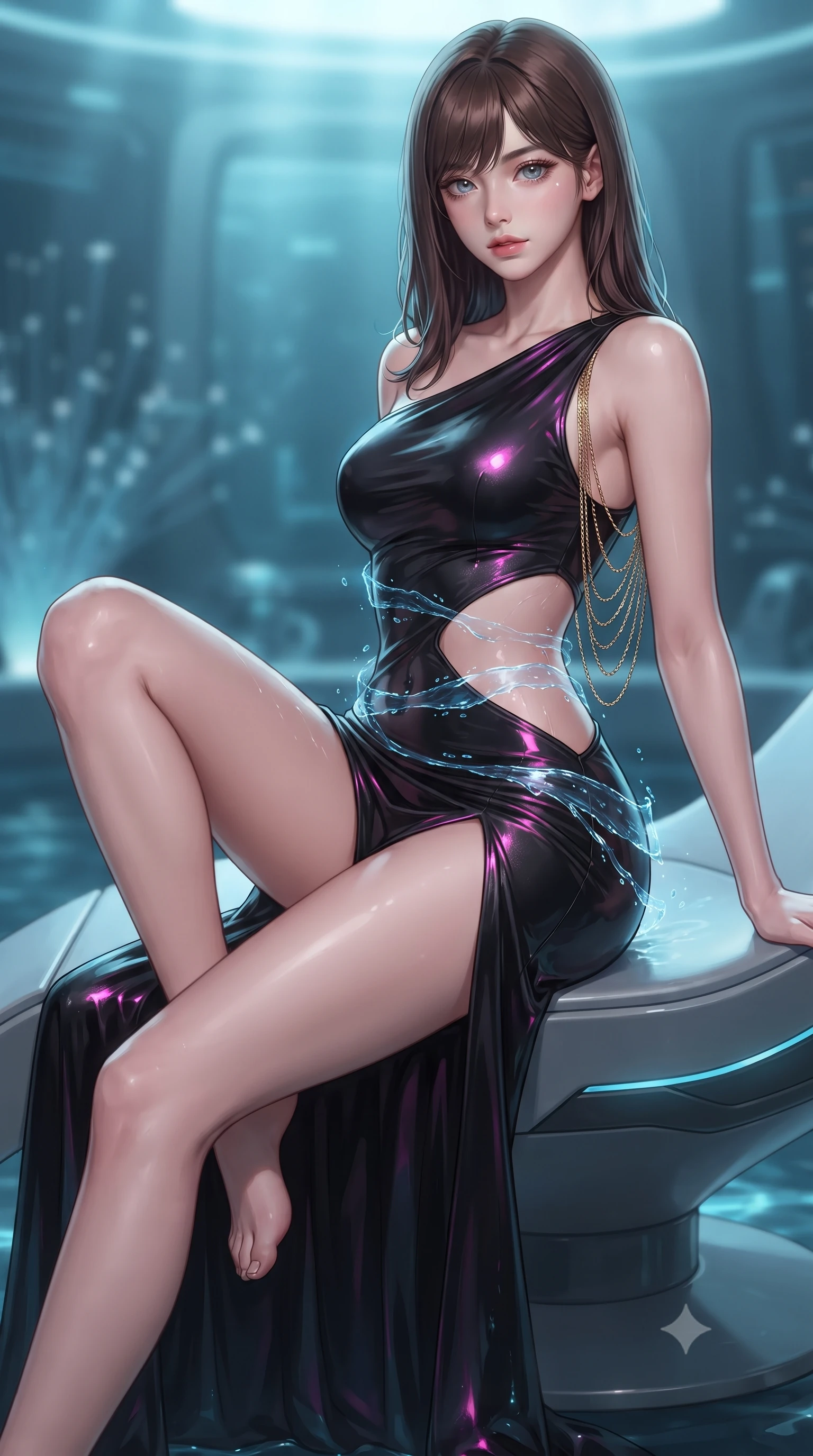 score_9, masterpiece, best quality, ultra-detailed, high-budget anime keyframe, editorial fashion photography, tasteful artistic composition, Korean woman. close-up cowboy shot from the waist and thighs up, the character dominates the composition, filling the frame with her large presence. perched sideways on the lounge seat, one knee drawn up to showcase her slender leg line while her arched back accentuates her feminine hip curve while twisting her slender torso in an alluring S-curve, cascading blue holographic water data streams tracing her flat midriff, waist, and hips. The background shows a soft-focus submerged fiber-optic lights softened in avant-garde sci-fi shallow focus. She has an exceptionally elegant, slender, and willowy female figure with an ultra-slim waist, flat toned midriff, narrow ribcage, and sculpted feminine hips creating an alluring, slim hourglass silhouette without bulk. sharp v-shaped jawline, high-bridge nose, sparkling eyes with hypnotic seductive depth, thick curled eyelashes, glossy parted lips with a natural dewy peach sheen, alluring bedroom-eyes with an enchanting coquettish smile, exuding magnetic siren charisma and sophisticated glamour, flawlessly proportioned anatomical accuracy, strict slender model proportions, natural body alignment, perfectly sculpted long slender limbs, ultra-slim waistline, clean dynamic posture without body distortion. wearing an asymmetric one-shoulder liquid jersey gown with dramatic hip-high slit and sculptural waist cutout in wet-look onyx black with electric magenta reflections, crafted from fluid liquid silk satin that clings smoothly to every curve with a dewy sheen, accented with an open-back drape framed by falling strands of delicate gold chains, the form-contouring silhouette accentuating her sculpted flat midriff, narrow delicate ribcage, and gracefully curvy hips with intoxicating allure. illuminated by basin water specular reflections and sharp electric-cyan rim lights defining her delicate clavicles, narrow waist, and curvy hips. ultra-reflective glossy finish, specular highlights, rich textural contrasts, high-contrast stereoscopic depth, volumetric dynamic lighting, 2k, ultra detail, master piece, 9:16 ratio