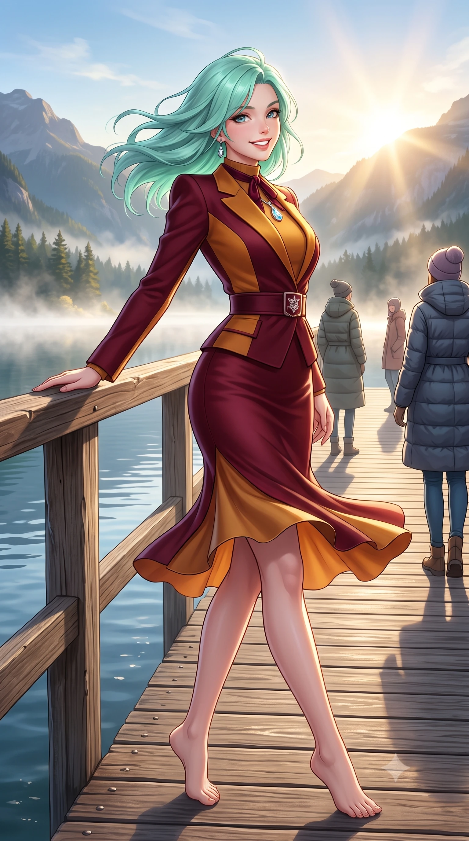 score_9, masterpiece, best quality, ultra-detailed, high-budget anime keyframe, semi-realistic 3D game render, editorial fashion photography, tasteful artistic composition, Japanese woman. low angle full-body shot from head to toe showing her feet, filling the entire 9:16 vertical frame with her statuesque presence, stretching her vertical silhouette. executing an elegant pivot turn as the hem of her form-fitting knit sways rhythmically, glancing back with joyful radiance and seductive allure while leaning against the rustic timber pier railing, watching mist dance across the lake surface with tranquil poetic charm. The surrounding environment is rendered in vivid detail and crisp panoramic clarity: detailed quilted down-tailored coat quilting, high funnel neck collar, and alpine lakeside topography in high resolution. She has an exceptionally tall and slender model-like 8.5-heads proportion, an ultra-slim waist, a flat toned midriff, narrow delicate ribcage, and beautifully sculpted feminine hips creating a graceful, slim hourglass silhouette without any bulky heaviness, with impossibly long slender legs. sharp v-shaped jawline, high-bridge nose, intricate jewel-like sparkling eyes with depth, thick eyelashes, glossy parted lips with a natural peach sheen, bright cheerful beaming smile with an enchanting and coquettish sensual glint, exuding both youthful cute charm and seductive allure, flawlessly proportioned anatomical accuracy, strict slender model proportions, natural body alignment, perfectly sculpted long slender limbs, ultra-slim waistline, clean dynamic posture without body distortion. wearing a bespoke hourglass-tailored wool blazer dress with structured shoulders and a deeply cinched belt, highlighting her sculpted feminine hips in rich Oxford burgundy and golden amber, made of high-gauge compact silk knit that hugs her curves with seamless sculpted precision, finished with a narrow velvet neck ribbon and a sparkling teardrop crystal pendant, the form-contouring silhouette accentuating her sculpted flat midriff, narrow delicate ribcage, and gracefully curvy hips with intoxicating allure. bathed in crisp, sparkling morning sun breaking over mountain crests, illuminating lake mist with ethereal golden backlighting. highly saturated vibrant anime colors, detailed shading with soft gradients, rich glossy textures, high-contrast stereoscopic depth, volumetric dynamic lighting, master piece, 9:16 ratio