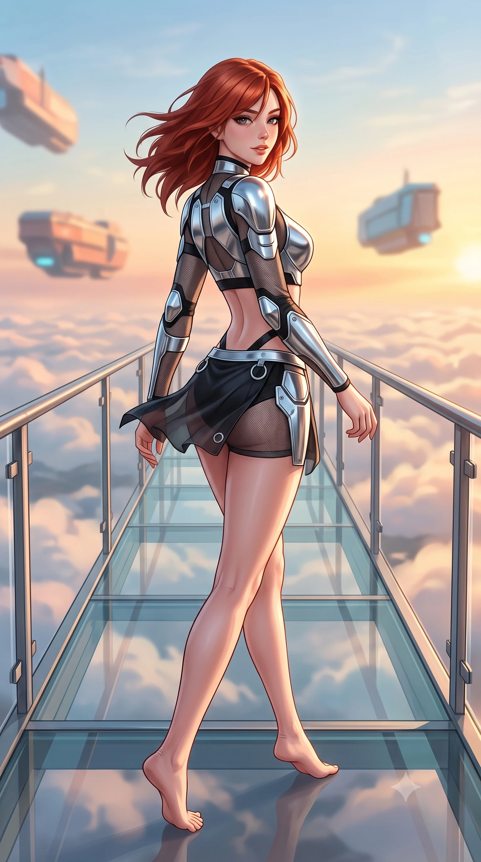 score_9, masterpiece, best quality, ultra-detailed, high-budget anime keyframe, semi-realistic 3D game render, editorial fashion photography, tasteful artistic composition, Korean woman. low angle full-body shot from head to toe showing her feet, filling the entire 9:16 vertical frame with her statuesque presence, stretching her vertical silhouette. walking slowly along the transparent glass skybridge, looking back over her shoulder with an air of effortless grace and an alluring, smoldering smile while twisting her slender torso in an alluring S-curve as high-altitude breezes flutter her tailored suit around her narrow waist and curvy hips. The background shows a soft-focus rolling billowing sunset clouds below and floating repulsor-lift sky barges blurred into peach, apricot, and sky-blue bokeh. She has an absolutely perfect, statuesque 8.5-heads proportion, an exceptionally tall and slender model-like female figure with impossibly long slender legs, an ultra-slim waist, a flat toned midriff, narrow delicate ribcage, and beautifully sculpted feminine hips creating a graceful, slim hourglass silhouette without any bulky heaviness. sharp v-shaped jawline, high-bridge nose, intricate jewel-like sparkling eyes with depth, thick eyelashes, glossy parted lips with a natural sheen, bright confident smile with an enchanting and coquettish sensual glint, exuding both youthful magnetic charm and sovereign high-tech allure, flawlessly proportioned anatomical accuracy, strict slender model proportions, natural body alignment, perfectly sculpted long slender limbs, ultra-slim waistline, clean dynamic posture without body distortion. wearing a modern mecha-suit two-piece set featuring a cropped armored bolero top and micro tactical skirt with chrome rings in liquid chrome silver and pitch black, crafted from sheer technical cyber-lace reinforced with ultra-thin Kevlar threads, accented with strategically placed chrome armor plate guards covering key curves, the liquid-tight tailored fabric clinging flawlessly to her narrow waist and rounded feminine hips, emphasizing every millimeter of her sculpted slim hourglass curves without any bulky heaviness. bathed in glorious golden hour sunset light reflecting off immense cloud seas below. highly saturated vibrant anime colors, detailed shading with soft gradients, rich glossy textures, high-contrast stereoscopic depth, volumetric dynamic lighting, master piece, 9:16 ratio