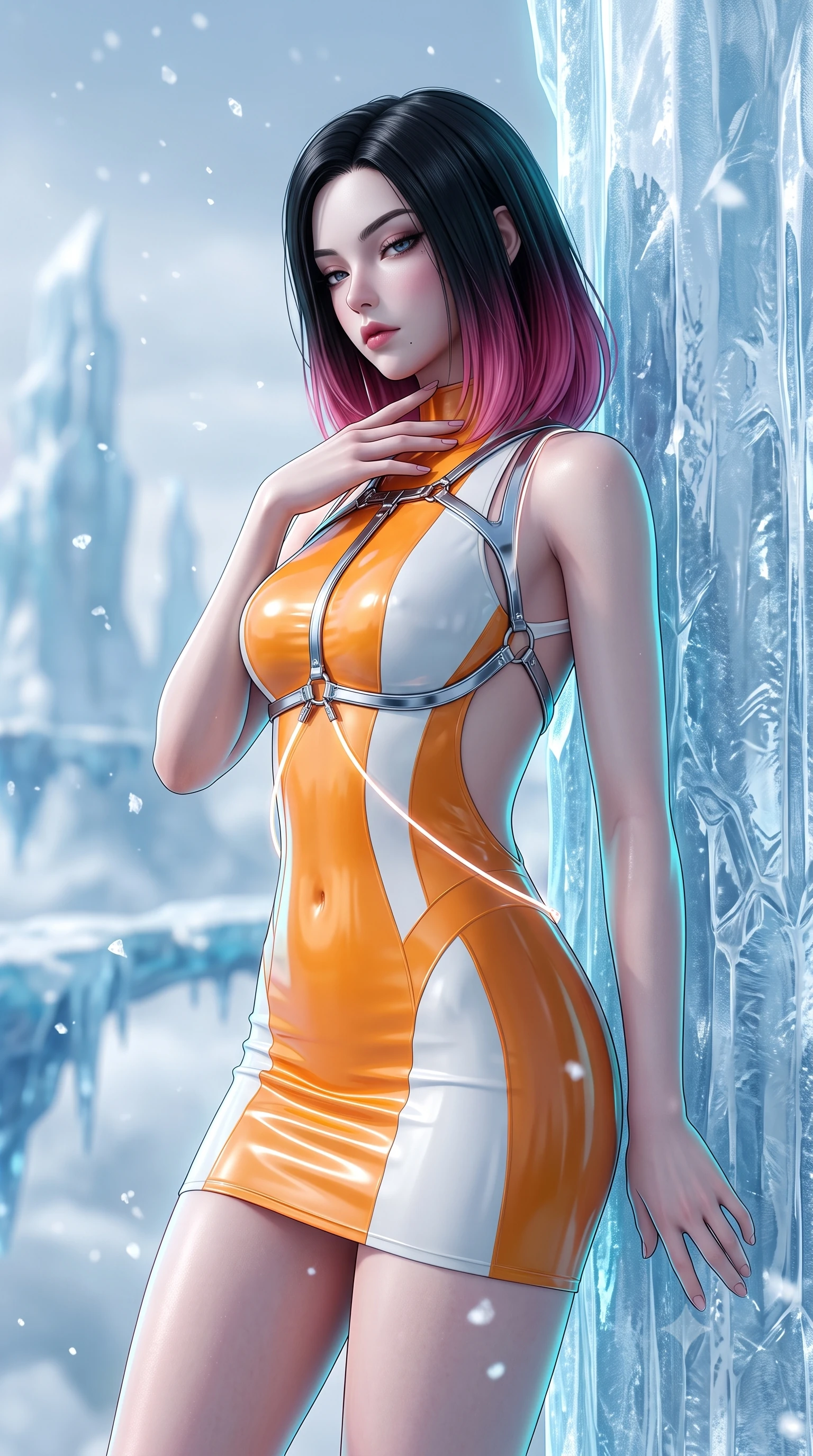 score_9, masterpiece, best quality, ultra-detailed, high-budget anime keyframe, semi-realistic 3D game render, editorial fashion photography, tasteful artistic composition, Korean woman. close-up cowboy shot from the waist and thighs up, the character dominates the composition, filling the frame with her large presence. resting her fingers lightly against her throat while looking down with a smoldering, haughty yet intensely captivating glance while leaning against a crystalline ice pillar with a sovereign, smoldering gaze as diamond frost particles drift past in the crisp air. The composition keeps background elements in soft focus with creamy bokeh. floating ice bridges and distant glacial spires softened in smooth atmospheric depth of field. She has an exceptionally elegant, slender, and willowy female figure with an ultra-slim waist, a gracefully sculpted slender torso, toned flat midriff, and a refined slim silhouette. sharp v-shaped jawline, high-bridge nose, intricate jewel-like eyes with depth, thick eyelashes, glossy lips with a natural sheen, flawlessly proportioned anatomical accuracy, strict slender model proportions, natural body alignment, perfectly sculpted long slender limbs, ultra-slim waistline, clean dynamic posture without body distortion. wearing a second-skin fashion-latex mini dress with a clean architectural front, featuring an open-back design that wraps around the sides of her waist, showcasing her slender silhouette in vivid sunset amber orange and cloud white, made of liquid metal jersey that clings flawlessly to every contour of her build, reinforced by a sleek metallic chrome harness and delicate glowing micro-straps, the sleek second-skin cut tightly hugging her graceful clavicle, narrow waist, and feminine curves with athletic precision. illuminated by cool white key light and crisp cyan rim highlights tracing her slender curves. highly saturated vibrant anime colors, detailed shading with soft gradients, rich glossy textures, high-contrast stereoscopic depth, volumetric dynamic lighting, master piece, 9:16 ratio