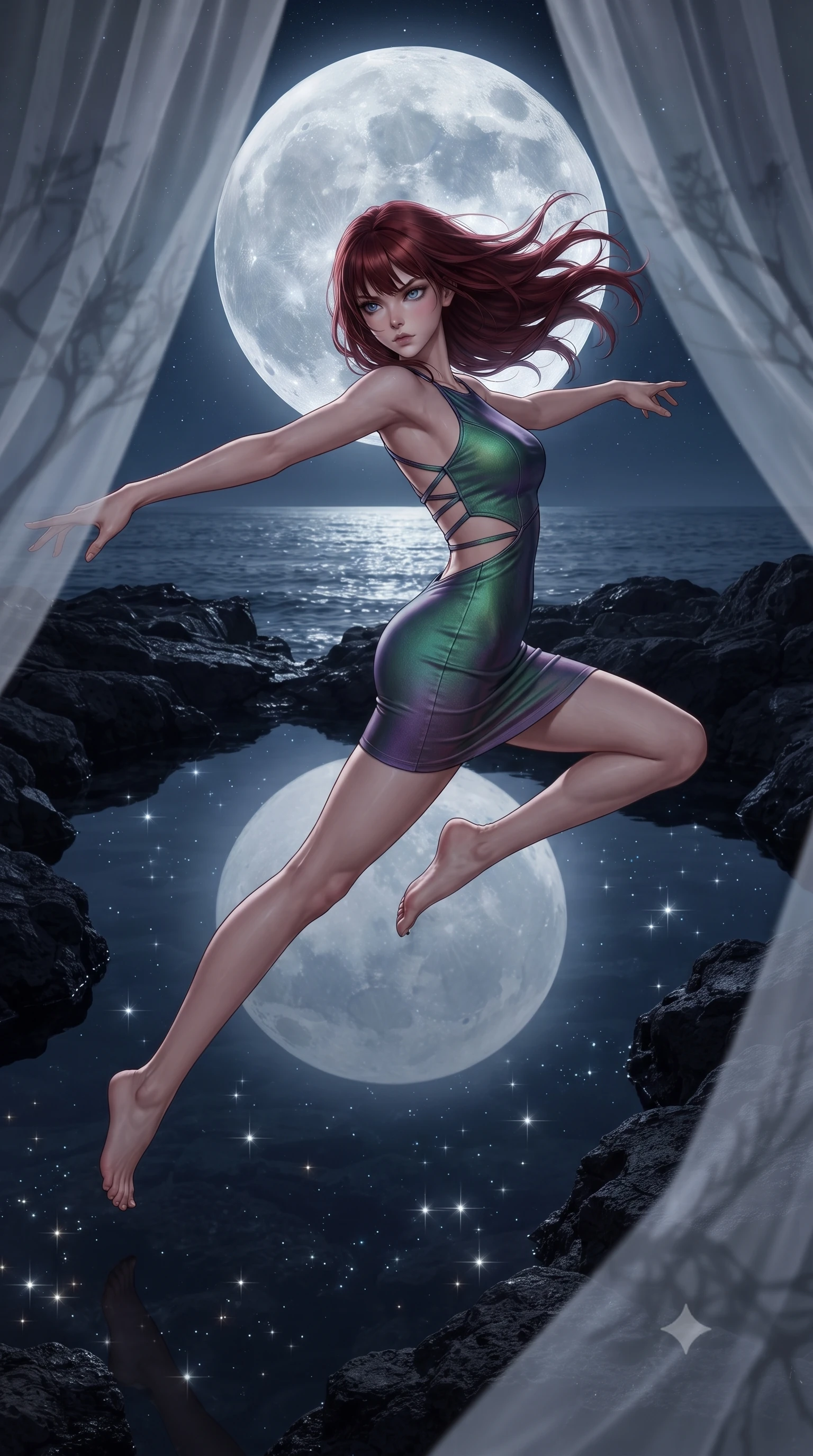 score_9, masterpiece, best quality, ultra-detailed, high-budget anime keyframe, editorial fashion photography, tasteful artistic composition, Caucasian woman, strictly human ears. low angle full-body shot from head to toe showing her feet, filling the entire 9:16 vertical frame with her statuesque presence, stretching her vertical silhouette. vaulting dynamically through a natural volcanic rock pool that perfectly mirrors the enormous full moon hanging low above creating a double-moon illusion the gentle tide lapping at obsidian edges and star reflections shimmering in the dark water. She has a statuesque 8.5-heads proportion, an exceptionally tall, slender and willowy model-like build with impossibly long legs and a highly sculpted ultra-slim waist. sharp v-shaped jawline, high-bridge nose, intricate jewel-like eyes with depth, thick eyelashes, glossy lips with a natural sheen. wearing a bodycon mini dress in an iridescent forest green and violet gradient, with a waist cutout and a strappy back. cold silver moonlight filtered through translucent gossamer curtains casting delicate shadows. 2k, ultra detail, master piece, 9:16 ratio