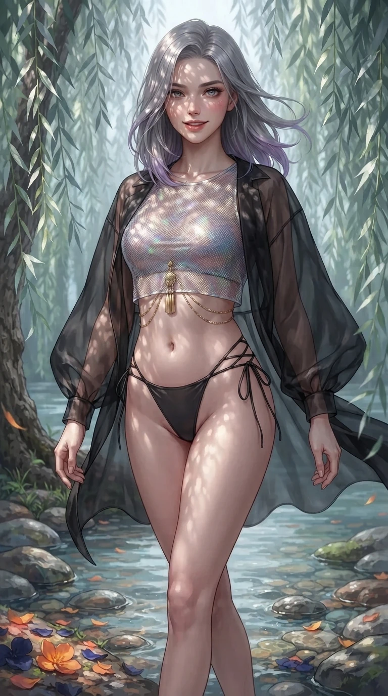 score_9, masterpiece, best quality, ultra-detailed, high-budget anime keyframe, editorial fashion photography, tasteful artistic composition, Caucasian woman. close-up cowboy shot from the waist and thighs up, the character dominates the composition, filling the frame with her large presence. turning slowly with an enchanting smoldering smile, her glossy hair tossing in the breeze as her hips angle gracefully in a captivating contrapposto while walking slowly through the curtain of weeping willow leaves with feline poise, her long slender legs and curvy hips commanding the frame. The surrounding environment is rendered in vivid detail and crisp panoramic clarity: sharp willow bark ridges, smooth river stones beneath clear water, and delicate flower petals in deep focus. She has an exceptionally elegant, slender, and willowy female figure with an ultra-slim waist, flat toned midriff, narrow ribcage, and sculpted feminine hips creating an alluring, slim hourglass silhouette without bulk. sharp v-shaped jawline, high-bridge nose, sparkling eyes with hypnotic seductive depth, thick curled eyelashes, glossy parted lips with a natural dewy peach sheen, alluring bedroom-eyes with an enchanting coquettish smile, exuding magnetic siren charisma and sophisticated glamour, flawlessly proportioned anatomical accuracy, strict slender model proportions, natural body alignment, perfectly sculpted long slender limbs, ultra-slim waistline, clean dynamic posture without body distortion. wearing a translucent iridescent mesh crop top paired with high-cut string bikini bottoms and gold norigae waist chains in sunset tangerine orange and deep navy indigo, crafted from layered gossamer black nobang organza with weightless, smoky flutter, featuring fine criss-cross lace-up side ties revealing tantalizing glimpses of her hip curve, the glove-like clinging cut tightly following the natural contour of her hips and long slender legs with youthful 8.5-heads elegance. bathed in ethereal silver moonlight filtering through weeping willow leaves creating intricate dappled shadow patterns. ultra-reflective glossy finish, specular highlights, rich textural contrasts, high-contrast stereoscopic depth, volumetric dynamic lighting, 2k, ultra detail, master piece, 9:16 ratio