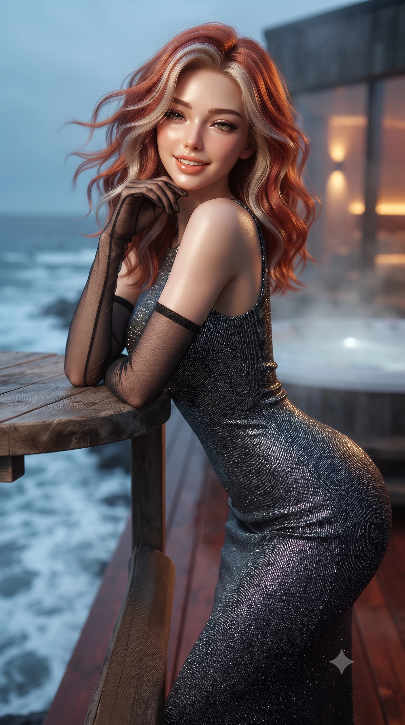 score_9, masterpiece, best quality, ultra-detailed, high-budget anime keyframe, editorial fashion photography, tasteful artistic composition, Caucasian woman. close-up cowboy shot from the waist and thighs up, the character dominates the composition, filling the frame with her large presence. resting one elbow on the table and supporting her chin, leaning close to the camera with heavy-lidded sparkling eyes and parted lips while standing poised on the aromatic red cedar deck cantilevered over the foaming Arctic ocean, arching her spine with wet-look siren charisma as sea breezes toss her hair. The background shows a soft-focus swirling thermal hot tub steam softened in ultra-luxury Nordic cliffside spa shallow focus. She has an exceptionally elegant, slender, and willowy female figure with an ultra-slim waist, flat toned midriff, narrow ribcage, and sculpted feminine hips creating an alluring, slim hourglass silhouette without bulk. sharp v-shaped jawline, high-bridge nose, intricate jewel-like sparkling eyes with depth, thick eyelashes, glossy parted lips with a natural peach sheen, bright cheerful beaming smile with an enchanting and coquettish sensual glint, exuding both youthful cute charm and seductive allure, flawlessly proportioned anatomical accuracy, strict slender model proportions, natural body alignment, perfectly sculpted long slender limbs, ultra-slim waistline, clean dynamic posture without body distortion. wearing a sculpted metallic lurex knit column dress clinging smoothly to her curves with radiant shimmer in Vik black sand obsidian and glacier crystal silver, crafted from fluid liquid silk satin that clings smoothly to her narrow waist and rounded hips with a dewy sheen, complemented by sheer opera-length evening gloves tracing her slender arms, the liquid-tight tailored fabric clinging flawlessly to her narrow waist and rounded feminine hips, emphasizing every millimeter of her sculpted slim hourglass curves without any bulky heaviness. bathed in warm 2200K interior sauna amber glows spilling through glass mixed with cool Arctic twilight. ultra-reflective glossy finish, specular highlights, rich textural contrasts, high-contrast stereoscopic depth, volumetric dynamic lighting, 2k, ultra detail, master piece, 9:16 ratio