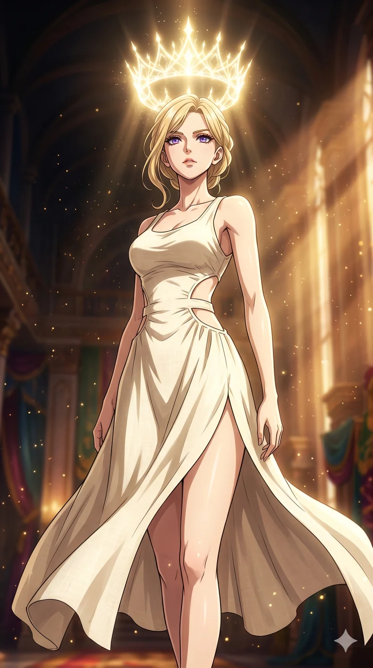 score_9, masterpiece, best quality, ultra-detailed, High-budget Anime Keyframe, beautiful Caucasian anime girl (strictly human ears). Low angle cowboy shot filling the entire 9:16 frame with her statuesque presence. Summoning a crown of light that shines above her head in a darkened grand hall with golden dust. She has an absolutely perfect 8-heads proportion, an exceptionally tall and slender female figure with impossibly long slender legs and an ultra-slim waist. Sharp v-shaped jawline, high-bridge nose, intricate jewel-like eyes with depth, thick eyelashes, glossy lips with a natural sheen. Wearing a Seasonal/Resort outfit: cream linen sundress with side cut-outs and a high side slit. Background is a bright and colorful grand interior with golden light rays and floating dust particles. 2k, ultra detail, master piece, 9:16 ratio