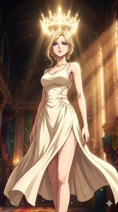 score_9, masterpiece, best quality, ultra-detailed, High-budget Anime Keyframe, beautiful Caucasian anime girl (strictly human ears). Low angle cowboy shot filling the entire 9:16 frame with her statuesque presence. Summoning a crown of light that sh