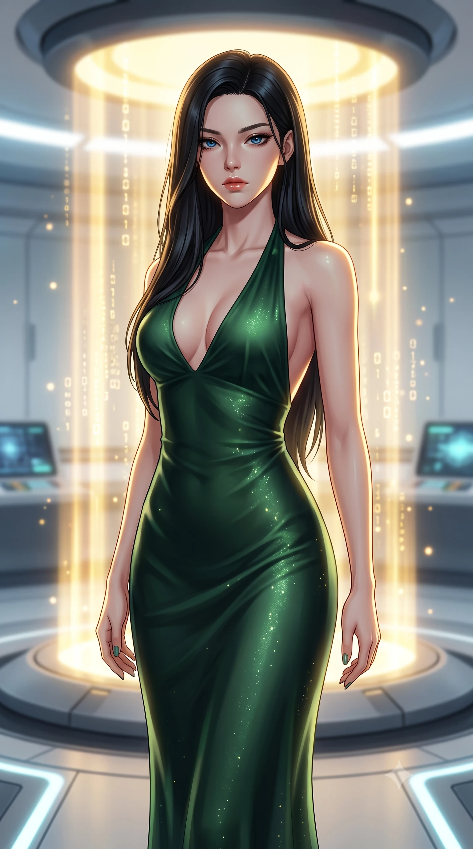 score_9, masterpiece, best quality, ultra-detailed, high-budget anime keyframe, editorial fashion photography, tasteful artistic composition, Korean woman. close-up cowboy shot from the waist and thighs up, the character dominates the composition, filling the frame with her large presence, background elements kept in soft focus. Standing proud on the bridge, looking down at the viewer with quiet authority and a cold composure. set against a soft-focus background of a clean room on a cruiser, a teleporter pad glowing with columns of golden light and digitizing particles. She has an exceptionally elegant and slender, willowy female figure with an ultra-slim waist, a gracefully sculpted slender torso, and a refined slim physique. sharp v-shaped jawline, high-bridge nose, intricate jewel-like eyes with depth, thick eyelashes, glossy lips with a natural sheen. wearing catching and diffusing the glowing particles, shimmering softly in response to the surrounding light, a body-hugging backless halter-neck silk dress in deep forest green, featuring a plunging neckline and flowing along her slender figure. highly saturated vibrant anime colors, intense vivid color palette, soft 3D volumetric shading, volumetric dynamic lighting, dramatic chiaroscuro with a single golden key light sculpting her silhouette. 2k, ultra detail, master piece, 9:16 ratio