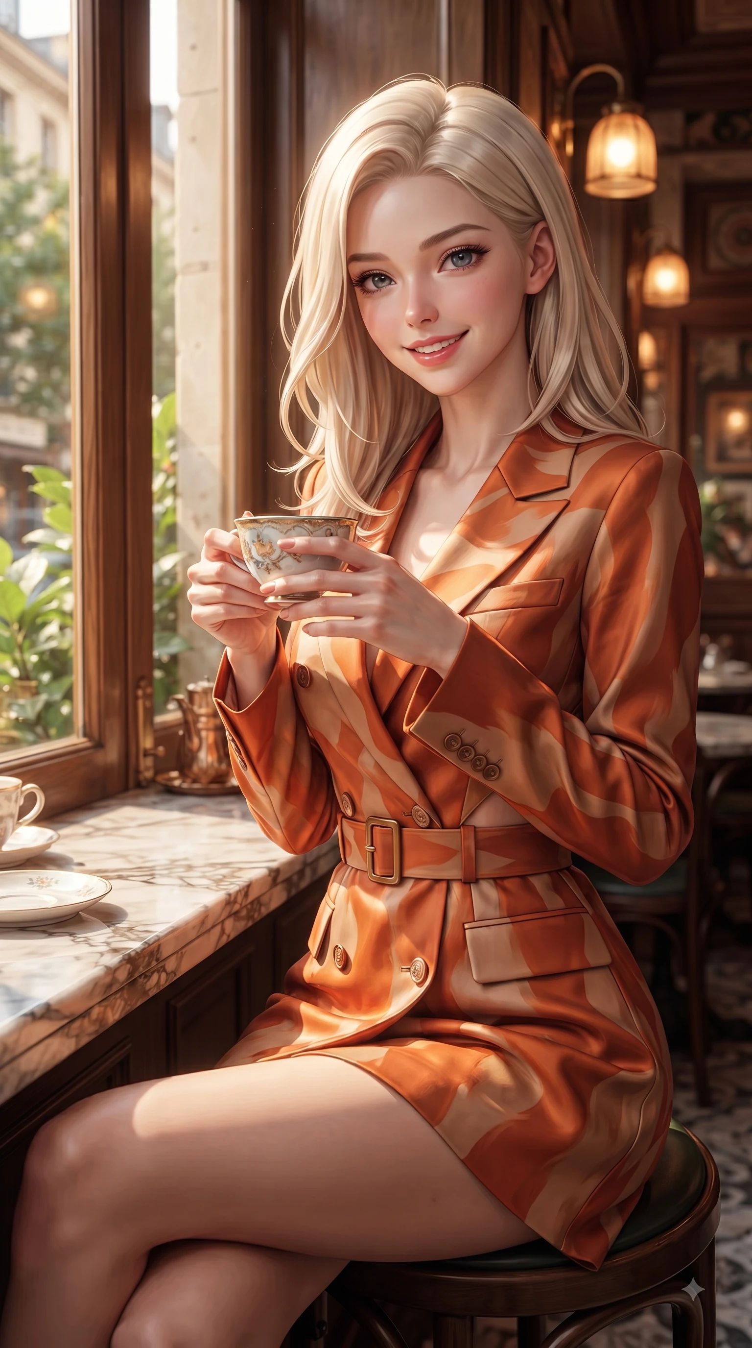 score_9, masterpiece, best quality, ultra-detailed, high-budget anime keyframe, editorial fashion photography, tasteful artistic composition, Caucasian woman. close-up cowboy shot from the waist and thighs up, the character dominates the composition, filling the frame with her large presence. Playful cute expression with a warm smile and parted lips, looking right into the camera with vibrant energy while sitting by a sunlit wooden window inside a cozy cafe, holding a porcelain coffee cup. The surrounding environment is rendered in vivid detail and crisp panoramic clarity. intricate marble tabletop textures, green garden leaves, and cafe decor captured in deep focus. She has an exceptionally elegant, slender, and willowy female figure with an ultra-slim waist, a gracefully sculpted slender torso, and a refined silhouette. sharp v-shaped jawline, high-bridge nose, intricate jewel-like eyes with depth, thick eyelashes, glossy lips with a natural sheen, flawlessly proportioned anatomical accuracy, natural body alignment, perfectly sculpted elegant limbs, clean dynamic posture without body distortion. wearing a tailored double-breasted blazer dress with a sleek waist belt and clean lines in bright burnt orange and warm beige, crafted from lightweight fluid chiffon, complemented by clean architectural cutouts along her slender torso, the elegant draped fit framing her graceful clavicle and slender torso. illuminated by soft glowing amber indoor lamps and natural garden reflections. ultra-reflective glossy finish, specular highlights, metallic sheen, high-contrast stereoscopic depth, volumetric dynamic lighting, 2k, ultra detail, master piece, 9:16 ratio