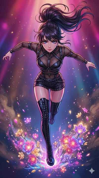 score_9, masterpiece, best quality, ultra-detailed, high-budget anime movie keyframe, cinematic anime lighting, intricate line art, Japanese woman. Extreme high angle shot as she leaps towards the camera, filling the frame. casting a spell that turns