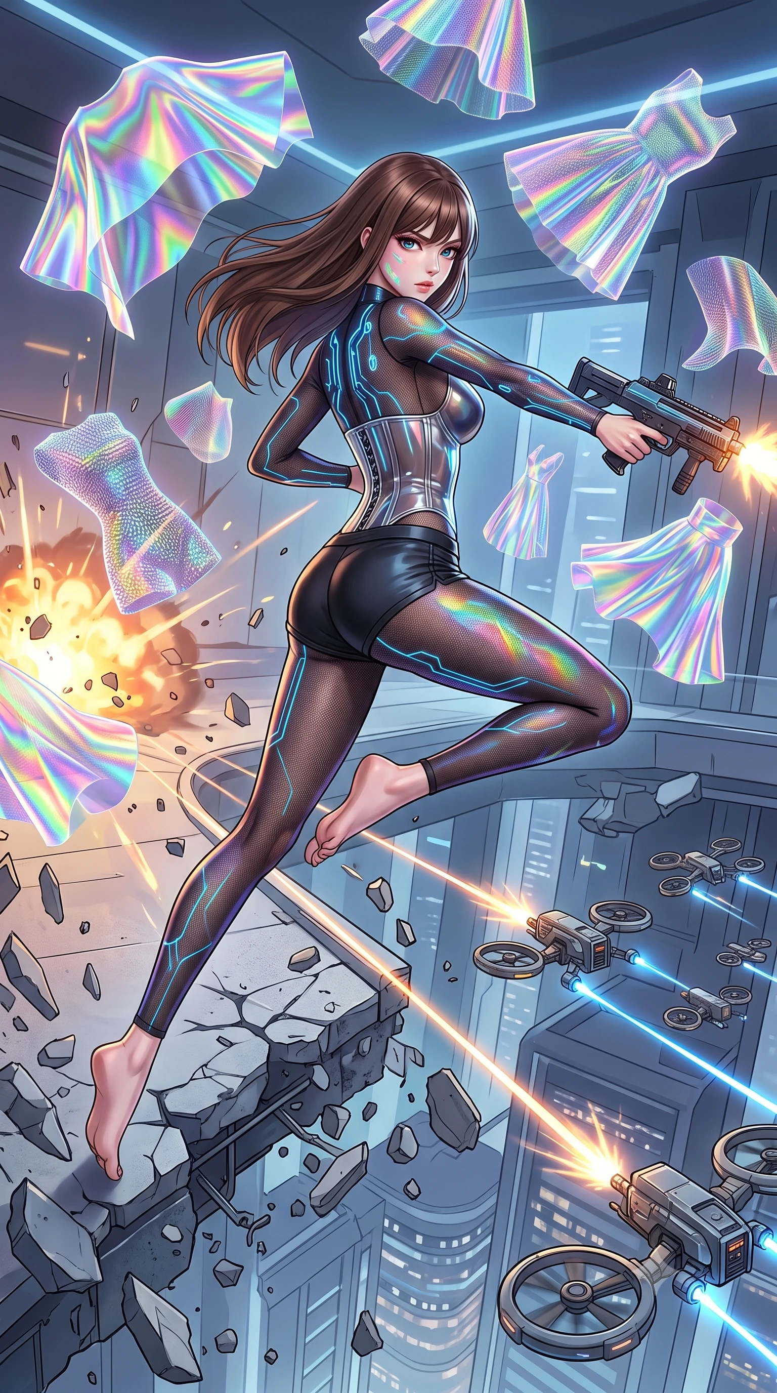 score_9, masterpiece, best quality, ultra-detailed, high-budget anime keyframe, editorial fashion photography, tasteful artistic composition, Korean woman. low angle full-body shot from head to toe showing her feet, filling the entire 9:16 vertical frame with her statuesque presence, stretching her vertical silhouette. leaping dynamically off a collapsing sky-bridge while firing back at security drones through a luxury design room with three-dimensional holographic fabric models floating in the air around the character. She has a statuesque 8.5-heads proportion, an exceptionally tall, slender and willowy model-like build with impossibly long legs and a highly sculpted ultra-slim waist. sharp v-shaped jawline, high-bridge nose, intricate jewel-like eyes with depth, thick eyelashes, glossy lips with a natural sheen. wearing catching and diffusing the glowing particles, shimmering softly in response to the surrounding light, a slim-fit see-through black mesh bodysuit with integrated glowing blue circuitry, layered with a transparent vinyl underbust corset and black micro-shorts. highly saturated vibrant anime colors, intense vivid color palette, soft 3D volumetric shading, volumetric dynamic lighting, prismatic rainbow light from the spinning fabric projections casting colorful patterns. 2k, ultra detail, master piece, 9:16 ratio