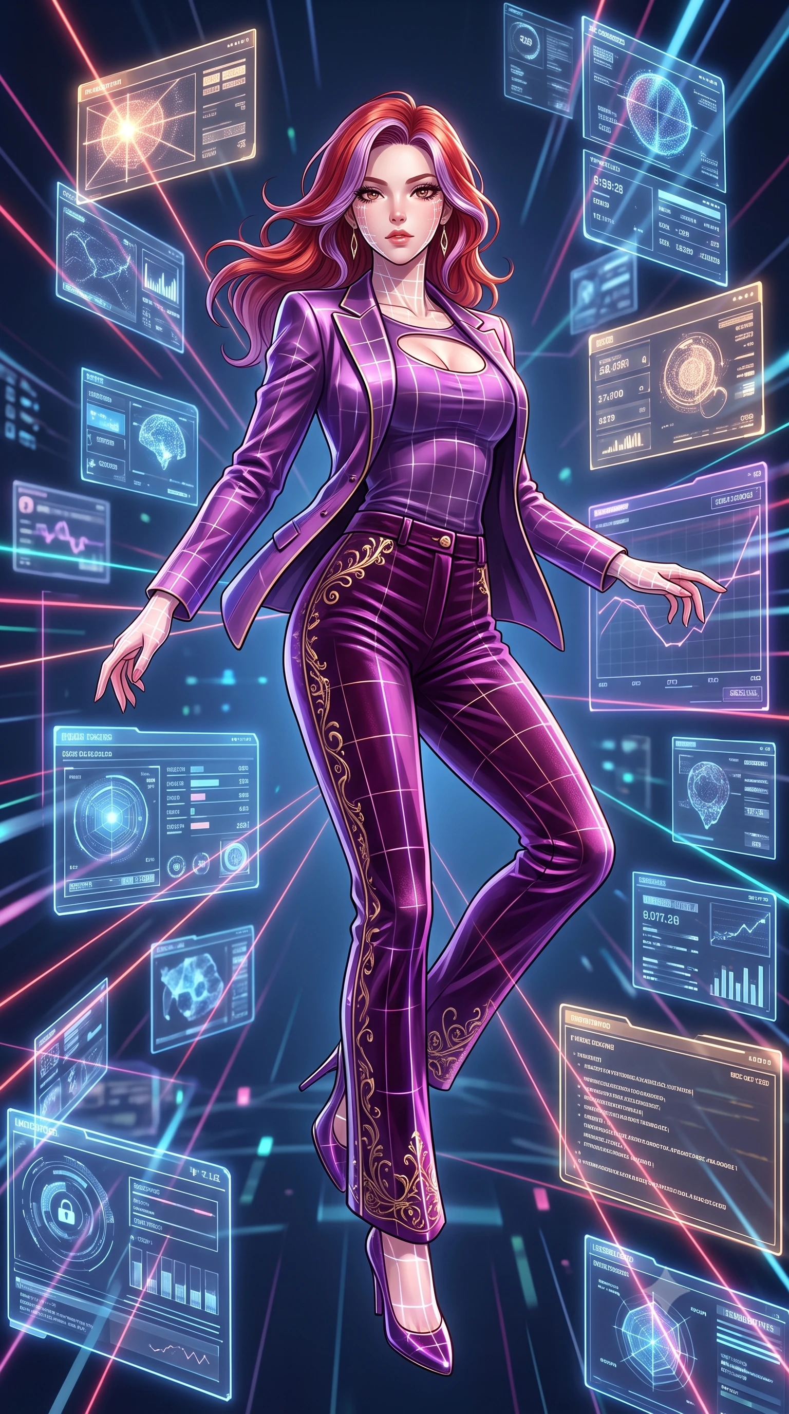 score_9, masterpiece, best quality, ultra-detailed, high-budget anime keyframe, editorial fashion photography, tasteful artistic composition, Caucasian woman. low angle full-body shot from head to toe showing her feet, filling the entire 9:16 vertical frame with her statuesque presence, stretching her vertical silhouette. pivoting dynamically in zero-gravity with fluid body alignment, displaying her perfect model proportions while floating dynamically in a high-tech matrix void surrounded by holographic data panels, laser lines casting precise geometric grid highlights on her athletic form. She has an absolutely perfect, statuesque 8.5-heads proportion, an exceptionally tall and slender model-like female figure with impossibly long slender legs and an ultra-slim waist. sharp v-shaped jawline, high-bridge nose, intricate jewel-like eyes with depth, thick eyelashes, glossy lips with a natural sheen, flawlessly proportioned anatomical accuracy, natural body alignment, perfectly sculpted elegant limbs, clean dynamic posture without body distortion. wearing a tailored silk blazer over a form-contouring scoop-neck top and slacks in plum purple and gold filigree, made of premium stretch velvet with a rich sheen, accented with a Tasteful chest slit framing her clavicle gracefully, the form-contouring material highlighting her ultra-slim waist and long lines. illuminated by radiant holographic displays and intense laser beam highlights. highly saturated vibrant anime colors, detailed shading with soft gradients, rich glossy textures, high-contrast stereoscopic depth, volumetric dynamic lighting, master piece, 9:16 ratio