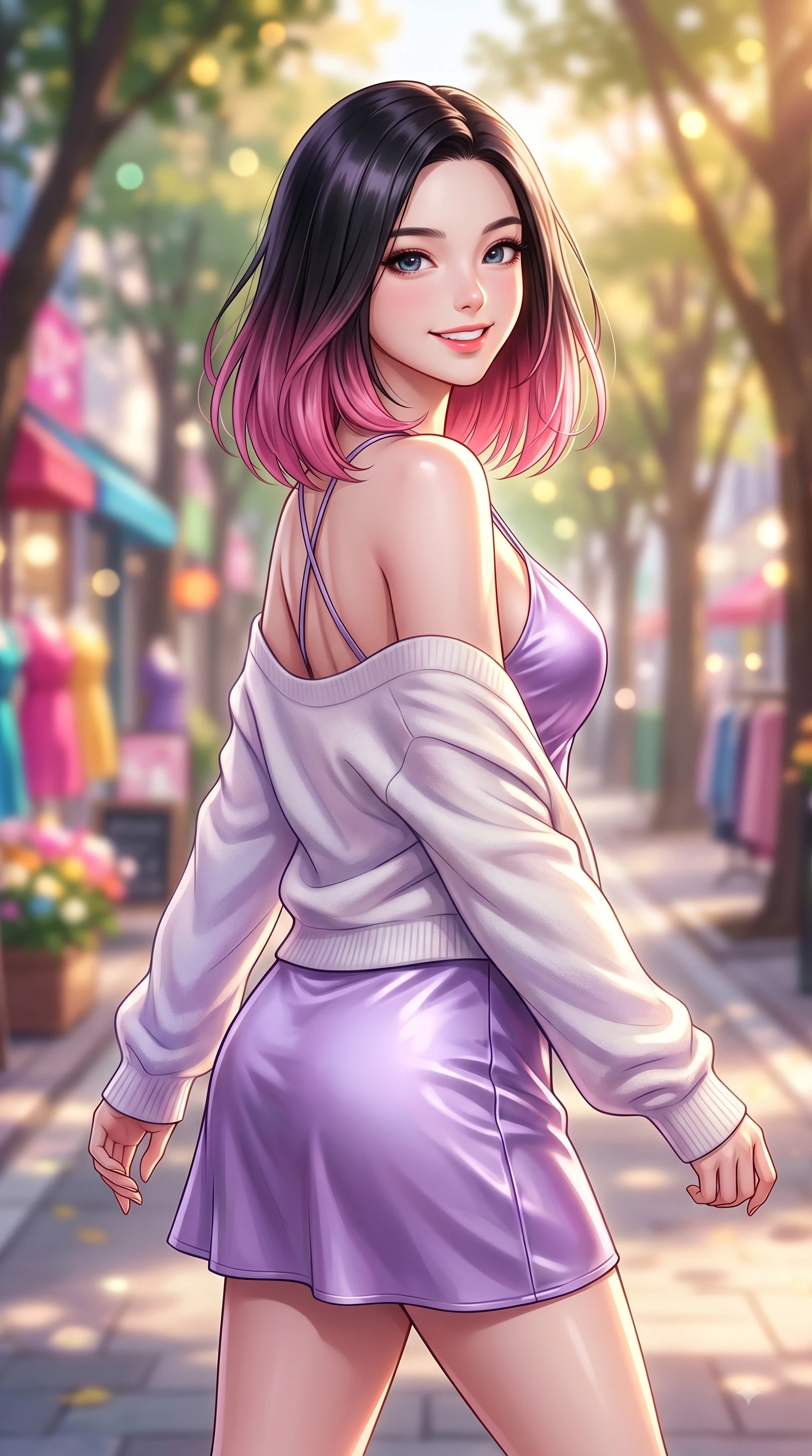 score_9, masterpiece, best quality, ultra-detailed, high-budget anime keyframe, editorial fashion photography, tasteful artistic composition, Korean woman. close-up cowboy shot from the waist and thighs up, the character dominates the composition, filling the frame with her large presence. Youthful bright smile exuding pure cute charm and fresh energy, her torso turning dynamically into the lens while stepping along a quiet tree-lined fashion avenue with an effortless statuesque posture. The composition keeps background elements in soft focus with dreamy bokeh. vibrant shop displays and golden afternoon light scattering into a soft-focus backdrop. She has an exceptionally elegant, slender, and willowy female figure with an ultra-slim waist, a gracefully sculpted slender torso, and a refined silhouette. sharp v-shaped jawline, high-bridge nose, intricate jewel-like eyes with depth, thick eyelashes, glossy lips with a natural sheen, flawlessly proportioned anatomical accuracy, natural body alignment, perfectly sculpted elegant limbs, clean dynamic posture without body distortion. wearing a glossy satin slip dress layered under a soft cashmere cardigan in soft lavender violet and pearl white, made of premium stretch jersey that follows her curves like a glove, finished with delicate criss-cross back straps highlighting her bare shoulders, the elegant draped fit framing her graceful clavicle and slender torso. illuminated by crisp clear afternoon key light and vibrant specular highlights. highly saturated vibrant anime colors, detailed shading with soft gradients, rich glossy textures, high-contrast stereoscopic depth, volumetric dynamic lighting, master piece, 9:16 ratio