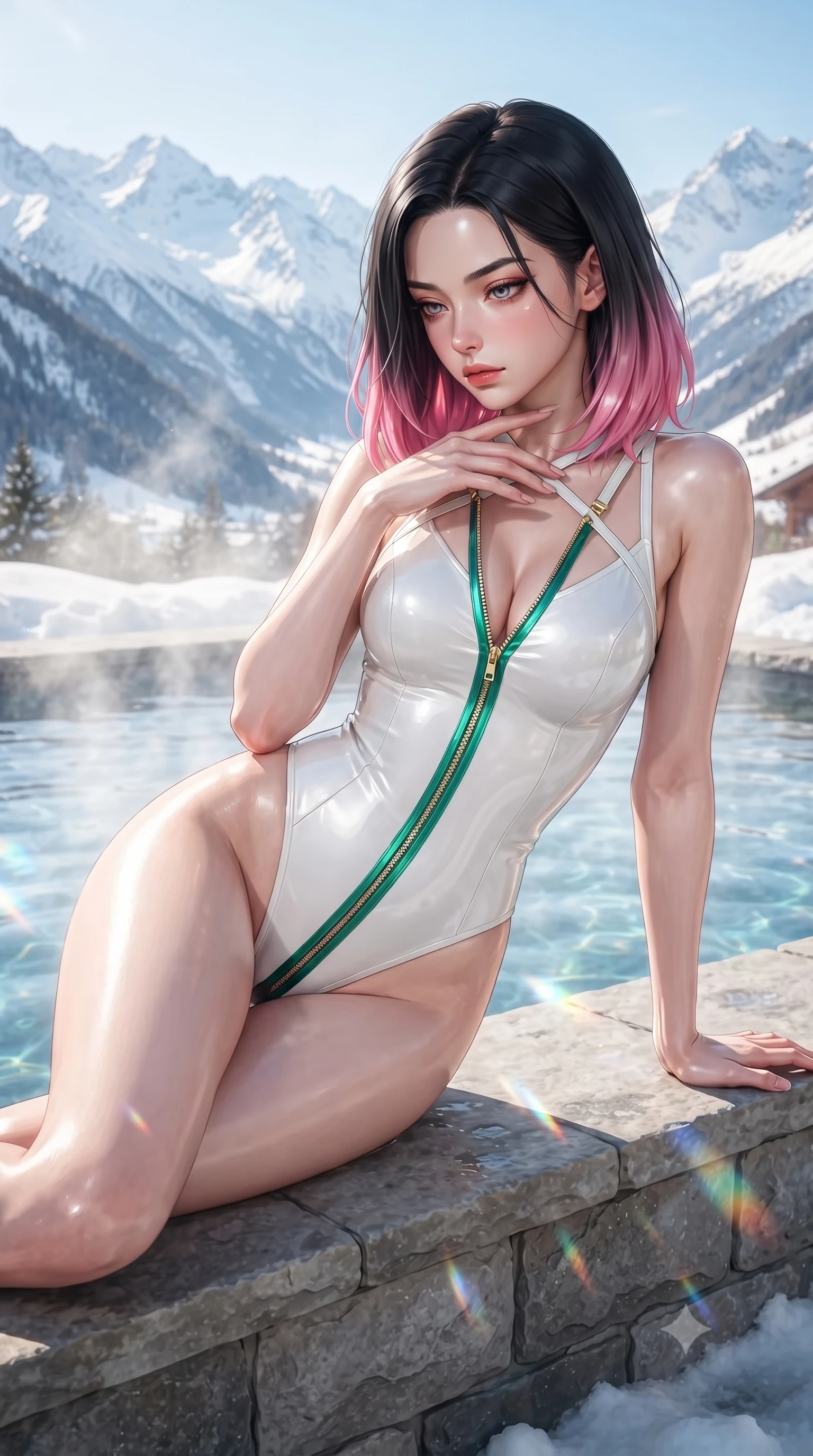 score_9, masterpiece, best quality, ultra-detailed, high-budget anime keyframe, editorial fashion photography, tasteful artistic composition, Korean woman. close-up cowboy shot from the waist and thighs up, the character dominates the composition, filling the frame with her large presence. resting her fingers lightly against her throat while looking down with a smoldering, haughty yet intensely captivating glance while lounging gracefully along the stone ledge of an outdoor thermal pool with panoramic views of snow-capped alpine peaks. The surrounding environment is rendered in vivid detail and crisp panoramic clarity. high-contrast winter daylight and luxury alpine wellness architecture rendered with environmental sharpness. She has an exceptionally elegant, slender, and willowy female figure with an ultra-slim waist, a gracefully sculpted slender torso, toned flat midriff, and a refined slim silhouette. sharp v-shaped jawline, high-bridge nose, intricate jewel-like eyes with depth, thick eyelashes, glossy lips with a natural sheen, flawlessly proportioned anatomical accuracy, strict slender model proportions, natural body alignment, perfectly sculpted long slender limbs, ultra-slim waistline, clean dynamic posture without body distortion. wearing a glossy white second-skin latex bodysuit with high-thigh cuts, exposed clavicle neckline, and gleaming zipper details in bright emerald green satin and gold hardware, crafted from ultra-reflective second-skin latex with a high-gloss glass-like polish, complemented by criss-cross back straps highlighting her completely bare spine, the form-contouring material adhering flawlessly to her sculpted flat midriff and slender torso, emphasizing her long leg lines and perfectly proportioned willowy build. illuminated by glowing steam refractions and crisp white specular rim lights defining her silhouette. ultra-reflective glossy finish, specular highlights, metallic sheen, high-contrast stereoscopic depth, volumetric dynamic lighting, 2k, ultra detail, master piece, 9:16 ratio