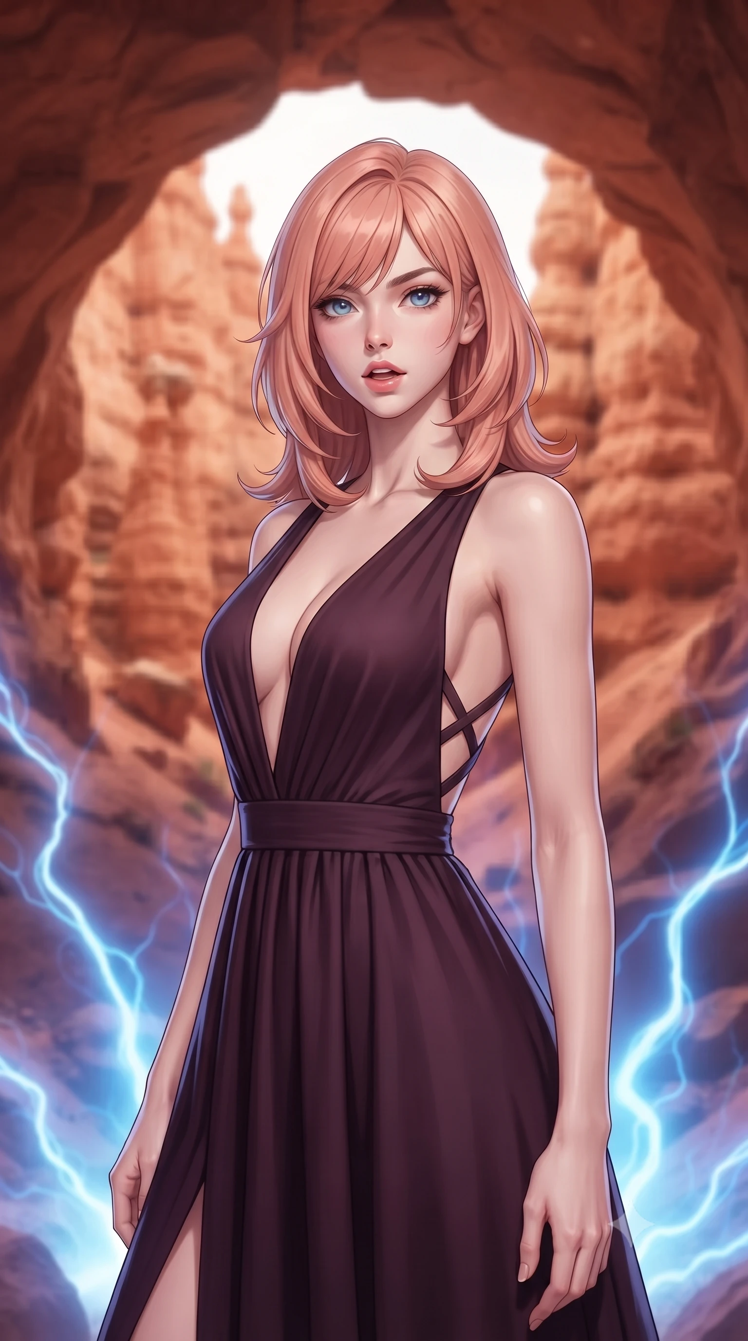 score_9, masterpiece, best quality, ultra-detailed, high-budget anime keyframe, editorial fashion photography, tasteful artistic composition, Japanese woman. close-up cowboy shot from the waist and thighs up, the character dominates the composition, filling the frame with her large presence, background elements kept in soft focus. Looking directly at the camera with a bold fearless expression and parted lips. set against a soft-focus background of a natural amphitheater carved by millennia of wind erosion into red sandstone with impossible arches hoodoos and natural columns in warm terracotta colors the formations creating an acoustically perfect circular space. She has an exceptionally elegant and slender, willowy female figure with an ultra-slim waist, a gracefully sculpted slender torso, and a refined slim physique. sharp v-shaped jawline, high-bridge nose, intricate jewel-like eyes with depth, thick eyelashes, glossy lips with a natural sheen. wearing a dark plum dress with a deep plunging V-neckline and a criss-cross strap back design. pulsing electric blue plasma arc lighting rising dramatically from below. 2k, ultra detail, master piece, 9:16 ratio