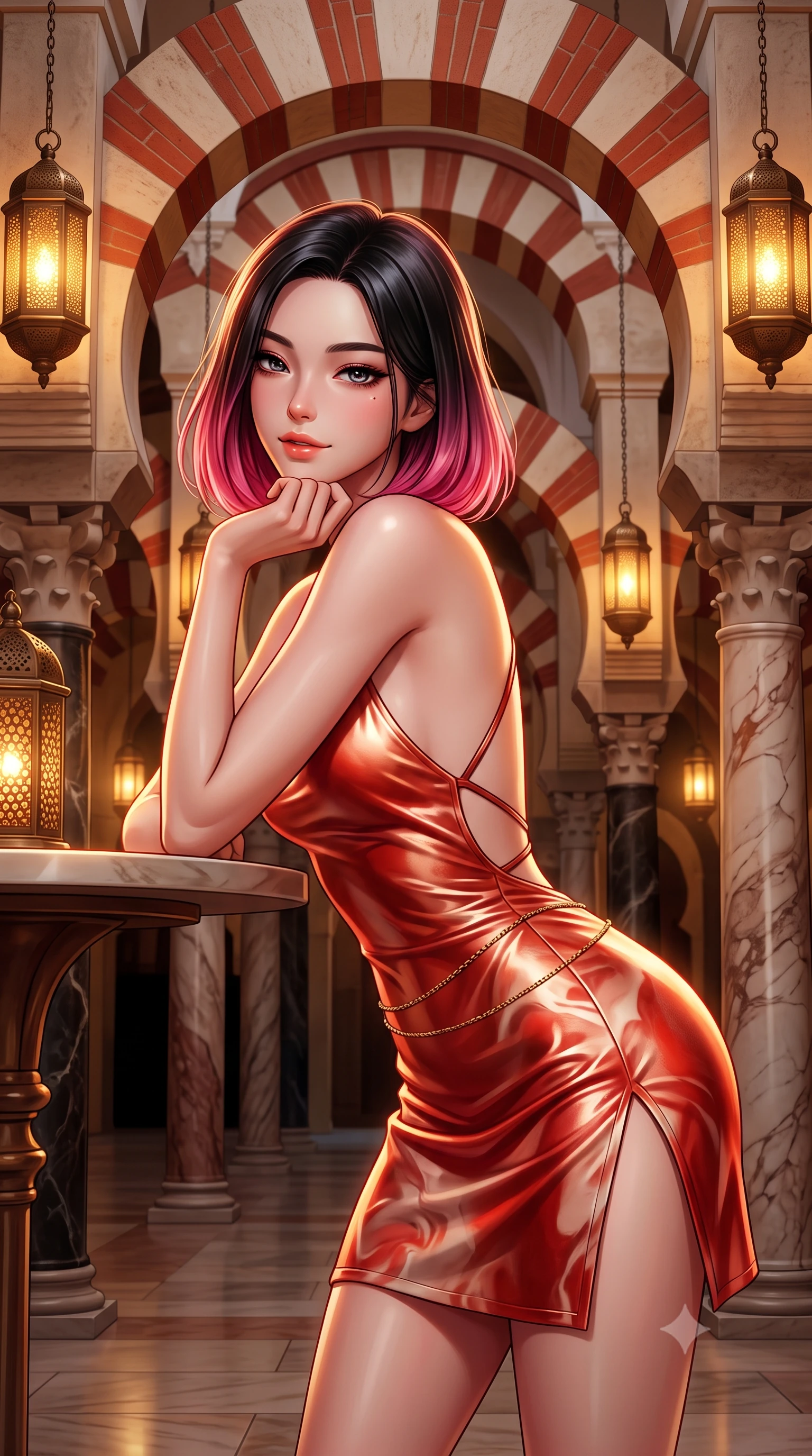 score_9, masterpiece, best quality, ultra-detailed, high-budget anime keyframe, semi-realistic 3D game render, editorial fashion photography, tasteful artistic composition, Korean woman. close-up cowboy shot from the waist and thighs up, the character dominates the composition, filling the frame with her large presence. resting one elbow on the table and supporting her chin, leaning close to the camera with heavy-lidded sparkling eyes and parted lips while standing poised within the endless forest of jasper, onyx, and marble pillars beneath double-tiered red-and-white horseshoe arches, arching her spine with hypnotic diva poise. The surrounding environment is rendered in vivid detail and crisp panoramic clarity: sharp red brick and white stone alternating voussoirs, polished Roman marble pillar veining, and perforated bronze lamp metalwork in deep focus. She has an exceptionally elegant, slender, and willowy female figure with an ultra-slim waist, flat toned midriff, narrow ribcage, and sculpted feminine hips creating an alluring, slim hourglass silhouette without bulk. sharp v-shaped jawline, high-bridge nose, intricate jewel-like sparkling eyes with depth, thick eyelashes, glossy parted lips with a natural peach sheen, bright cheerful beaming smile with an enchanting and coquettish sensual glint, exuding both youthful cute charm and seductive allure, flawlessly proportioned anatomical accuracy, strict slender model proportions, natural body alignment, perfectly sculpted long slender limbs, ultra-slim waistline, clean dynamic posture without body distortion. wearing a backless liquid lamé mini dress with criss-cross spinal straps and daring side slit in Cordoba vermilion red and ivory alabaster marble, crafted from fluid liquid silk satin that clings smoothly to her narrow waist and rounded hips with a dewy sheen, accented with a dainty gold belly chain resting across her flat midriff and curving hips, the form-contouring silhouette accentuating her sculpted flat midriff, narrow delicate ribcage, and gracefully curvy hips with intoxicating allure. bathed in the warm mystical 2300K amber glow of hanging bronze lantern lamps dimmed to an evening ceremony ambiance. highly saturated vibrant anime colors, detailed shading with soft gradients, rich glossy textures, high-contrast stereoscopic depth, volumetric dynamic lighting, master piece, 9:16 ratio