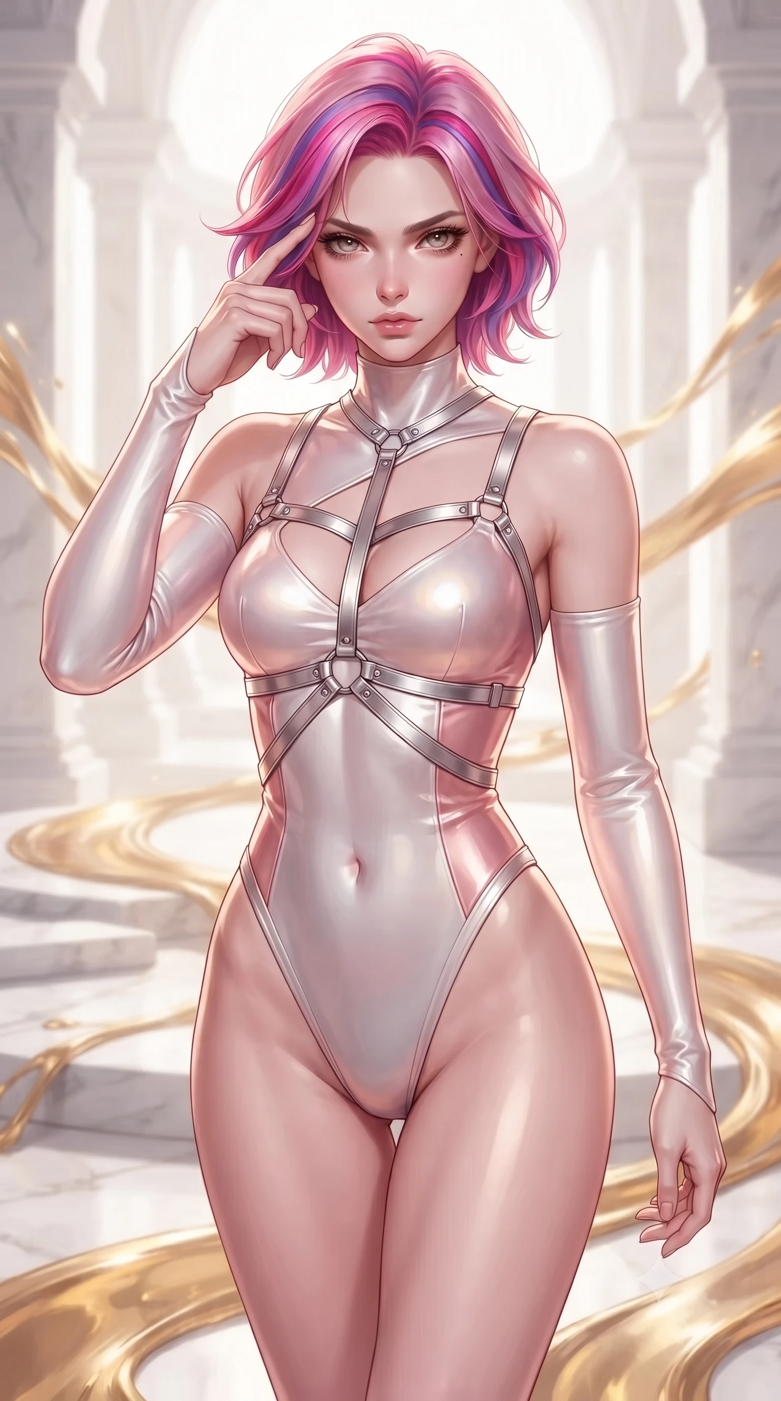 score_9, masterpiece, best quality, ultra-detailed, high-budget anime keyframe, editorial fashion photography, tasteful artistic composition, Caucasian woman. close-up cowboy shot from the waist and thighs up, the character dominates the composition, filling the frame with her large presence, background elements kept in soft focus. Pressing two fingers to her temple in a composed, sharp thoughtful gesture, walking across a white limestone terrace surrounded by flowing liquid gold streams, white limestone architecture providing a bright elegant backdrop. She has an exceptionally elegant, slender, and willowy female figure with an ultra-slim waist, a gracefully sculpted slender torso, and a refined silhouette. sharp v-shaped jawline, high-bridge nose, intricate jewel-like eyes with depth, thick eyelashes, glossy lips with a natural sheen. wearing asymmetric high-cut cyber-bodysuit with detached sleeves in pearl white in rose-gold pink, made of high-gloss liquid pearl vinyl, highlighted by a platinum metallic harness structure, following her slender form with tailored precision. bathed in bright white alabaster highlights and warm gold ambient glow. highly saturated vibrant anime colors, detailed shading with soft gradients, rich glossy textures, high-contrast stereoscopic depth, volumetric dynamic lighting, master piece, 9:16 ratio