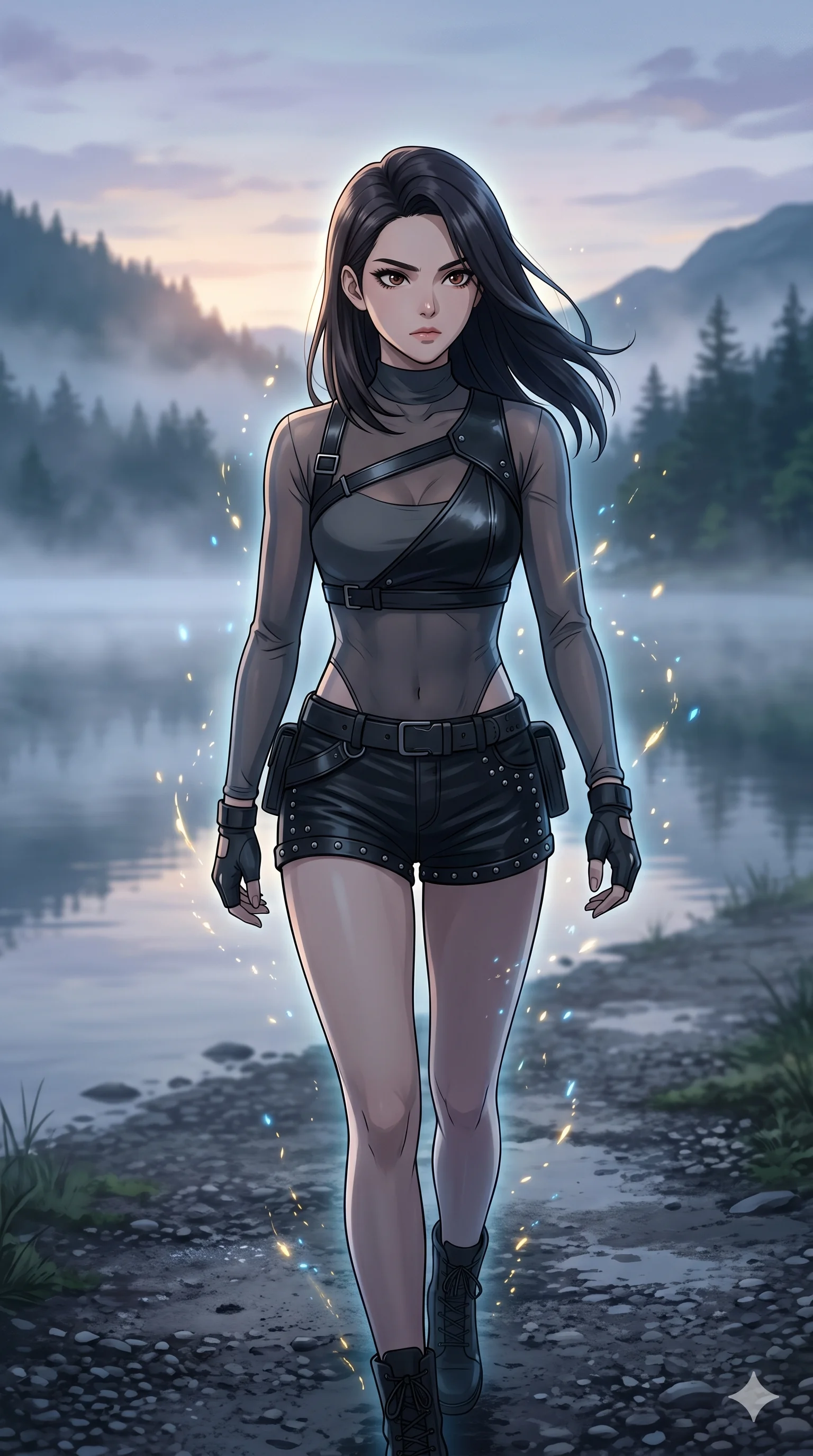 score_9, masterpiece, best quality, ultra-detailed, Set A: High-budget Anime Keyframe, Korean woman. Upper body close-up from the thighs up, character filling the screen for maximum presence. Walking gracefully through a misty lakeside at dawn, with a look of intense determination reflecting the fires of 267 and surrounded by glowing energy sparks. She has an absolutely perfect 8-heads proportion, an exceptionally tall and slender female figure with impossibly long slender legs and an ultra-slim waist. Sharp v-shaped jawline, high-bridge nose, intricate jewel-like eyes with depth, thick eyelashes, glossy lips with a natural sheen. Wearing Asymmetrical leather harness over a sheer mesh leotard and studded micro-shorts. Cinematic lighting, vibrant colors, dramatic shadows, 2k, ultra detail, master piece, 9:16 ratio