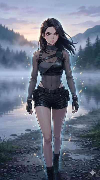 score_9, masterpiece, best quality, ultra-detailed, Set A: High-budget Anime Keyframe, Korean woman. Upper body close-up from the thighs up, character filling the screen for maximum presence. Walking gracefully through a misty lakeside at dawn, with 
