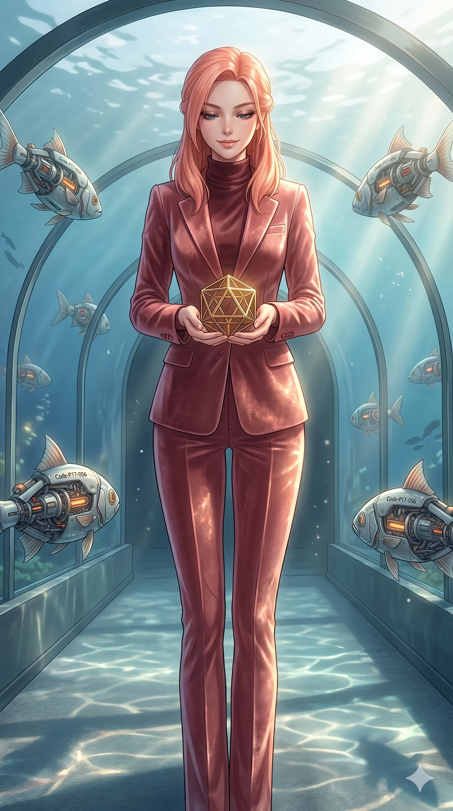 score_9, masterpiece, best quality, ultra-detailed, high-budget anime keyframe, editorial fashion photography, tasteful artistic composition, Japanese woman. cowboy shot from the thighs up, character and outfit filling the frame for maximum editorial presence. holding a small golden polyhedron, looking down with a serene and powerful smile inside an underwater glass tunnel with swimming cybernetic fish (Code-P17-056). She has an absolutely perfect 8-heads proportion, an exceptionally tall and slender female figure with impossibly long slender legs and an ultra-slim waist. V-shaped jawline, high-bridge nose, intricate jewel-like eyes with depth, thick eyelashes, glossy lips with a natural sheen. wearing a tailored velvet high-neck blazer with matching pants. soft morning sunbeams filtering through the mist, creating a soft glowing aura. 2k, ultra detail, master piece, 9:16 ratio