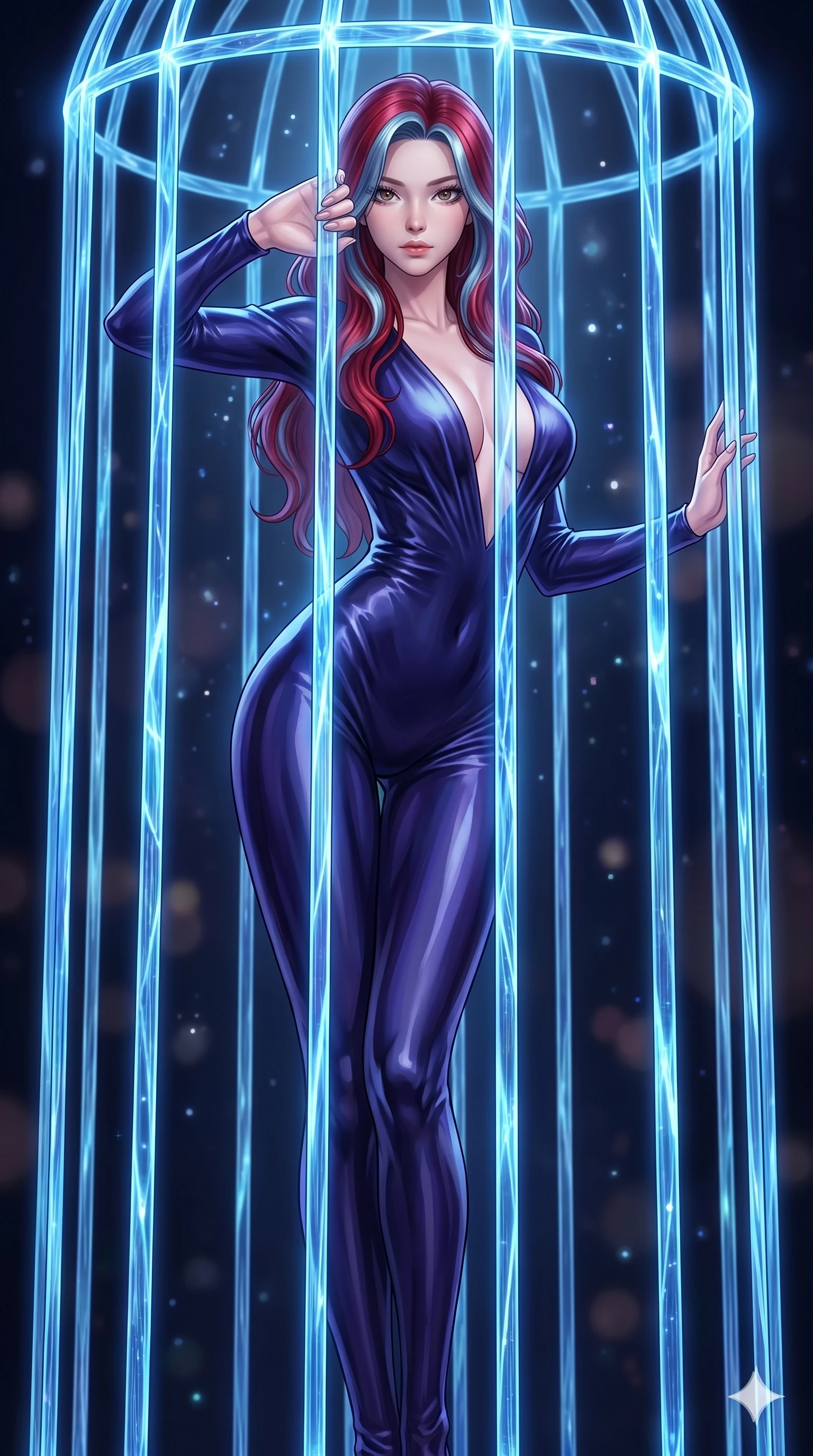 score_9, masterpiece, best quality, ultra-detailed, High-budget Anime Keyframe, East Asian woman. Dynamic full-body shot stretching the vertical silhouette to the limit. Scenario 272: Trapped in a cage of glowing crystalline fibers, body pressing against the bars. Her presence is magnetic and overpowering in this high-budget anime scene. Outfit 272: A molten liquid silk second with a plunging V-neckline and tight-fitting silhouette. The clothing is designed to emphasize her exceptionally tall and slender 8-heads proportion. 8-heads proportion, towering silhouette, ultra-slim waist. sharp v-shaped jawline, intricate jewel-like eyes with depth, thick eyelashes, glossy lips. 2k, ultra detail, master piece, 9:16 ratio