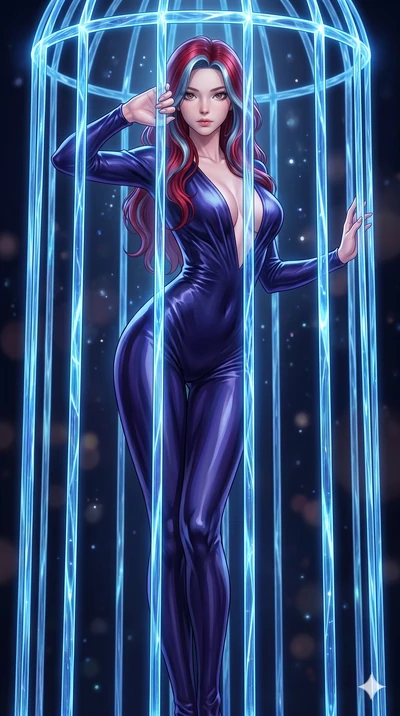 score_9, masterpiece, best quality, ultra-detailed, High-budget Anime Keyframe, East Asian woman. Dynamic full-body shot stretching the vertical silhouette to the limit. Scenario 272: Trapped in a cage of glowing crystalline fibers, body pressing aga