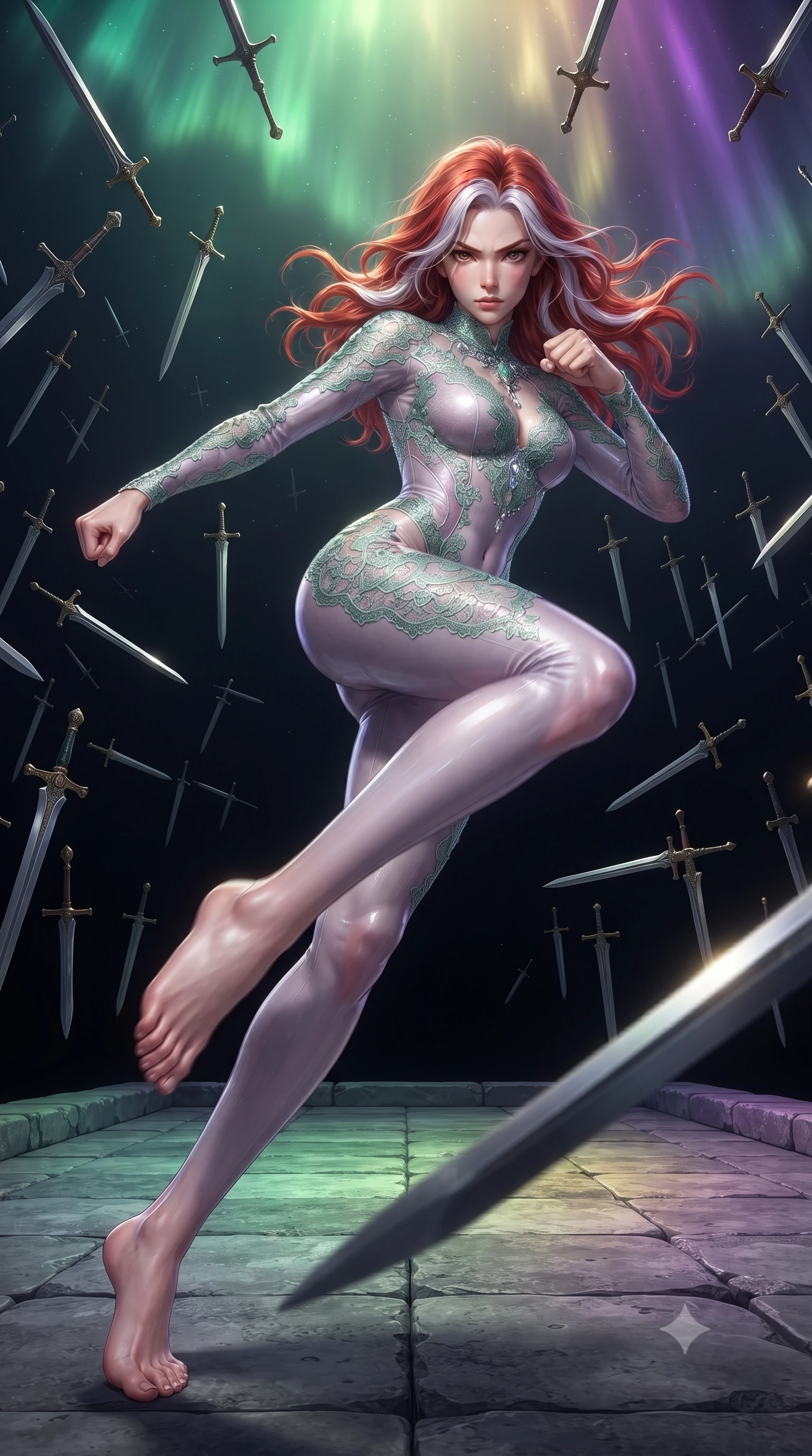 score_9, masterpiece, best quality, ultra-detailed, high-budget anime keyframe, editorial fashion photography, tasteful artistic composition, realistic cosplay photography, Caucasian woman, strictly human ears. low angle full-body shot from head to toe showing her feet, filling the entire 9:16 vertical frame with her statuesque presence, stretching her vertical silhouette. executing a lightning-fast low sweep kick with fluid momentum and intense focus inside a grey stone platform floating in a dark void, surrounded by thousands of ancient swords hovering in the air. She has a statuesque 8.5-heads proportion, an exceptionally tall, slender and willowy model-like build with impossibly long legs and a highly sculpted ultra-slim waist. sharp v-shaped jawline, high-bridge nose, intricate jewel-like eyes with depth, thick eyelashes, glossy lips with a natural sheen. wearing tailored for maximum mobility, sleek form-contouring panels that allow fluid movement, a tailored gossamer bodysuit in a pale lavender tone, with elaborate jade-green lace patterning and crystal embellishments. illuminated by a shifting aurora palette of green violet and gold from above. ultra-reflective glossy finish, specular highlights, metallic sheen, high-contrast stereoscopic depth, volumetric dynamic lighting, 2k, ultra detail, master piece, 9:16 ratio