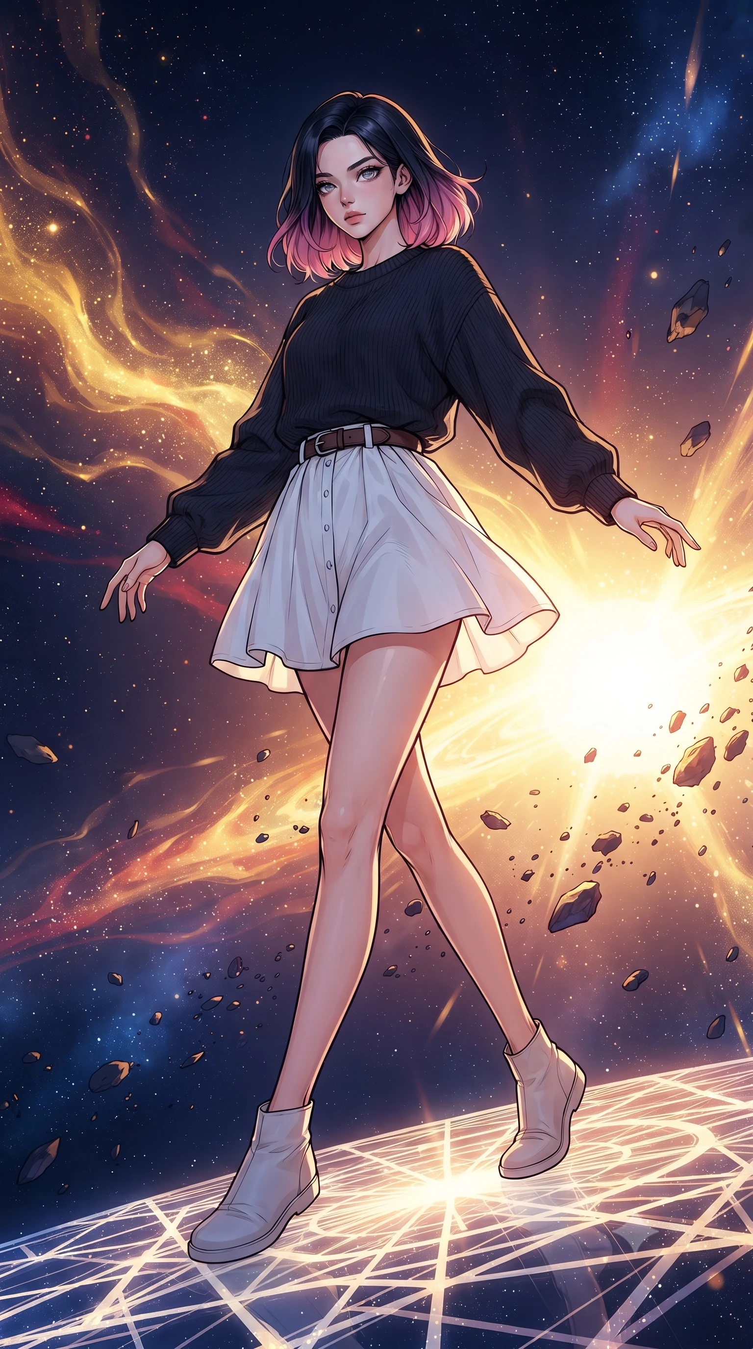 score_9, masterpiece, best quality, ultra-detailed, high-budget anime keyframe, gorgeous anime illustration, with clean line-art, distinct ink outlines, and high-contrast stereoscopic depth, Korean woman. low angle full-body shot from head to toe showing her feet, filling the entire 9:16 vertical frame with her statuesque presence, stretching her vertical silhouette. navigating with fluid motion through on a platform made of solid crystallized light floating at the edge of a dying star, waves of gold and crimson stellar fire rippling through the void, cosmic debris orbiting the blinding core. She has a statuesque 8.5-heads proportion, an exceptionally tall, slender and willowy model-like build with impossibly long legs and a highly sculpted ultra-slim waist. sharp v-shaped jawline, high-bridge nose, intricate jewel-like eyes with depth, thick eyelashes, glossy lips with a natural sheen. wearing a dark burgundy knit sweater with a relaxed fit, paired with a white cotton poplin skirt and a leather belt. intense, dramatic warm golden-orange key light from the supernova flare contrasted with deep blue-violet space shadows. 2k, ultra detail, master piece, 9:16 ratio, highly saturated vibrant anime colors, detailed cel-shading with soft gradients, rich glossy textures, deep contrast, volumetric dynamic lighting, 2d animation style