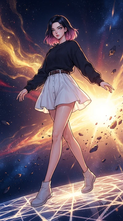 score_9, masterpiece, best quality, ultra-detailed, high-budget anime keyframe, gorgeous anime illustration, with clean line-art, distinct ink outlines, and high-contrast stereoscopic depth, Korean woman. low angle full-body shot from head to toe sho