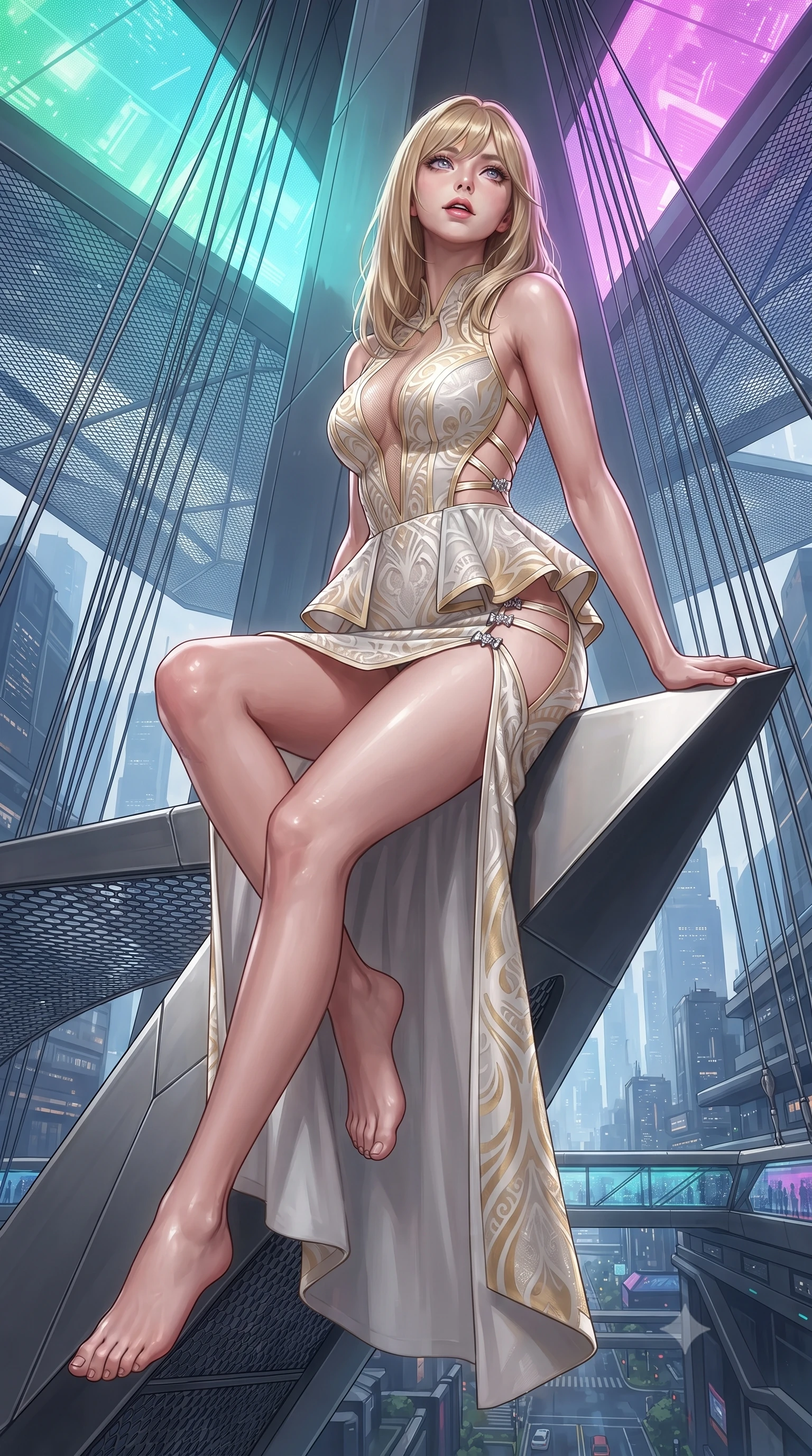score_9, masterpiece, best quality, ultra-detailed, high-budget anime keyframe, editorial fashion photography, tasteful artistic composition, Japanese woman. low angle full-body shot from head to toe showing her feet, filling the entire 9:16 vertical frame with her statuesque presence, stretching her vertical silhouette. sitting perched on the elevated edge with hips angled toward the camera and legs crossed, displaying her toned midriff and flawlessly sculpted slender limbs while reclining against the smooth titanium skyway pylon, head tilted back in awe as color-shifting LED canopies cast vivid hues over her silhouette. The surrounding environment is rendered in vivid detail and crisp panoramic clarity. sharp skyway glass panel joints, stainless steel suspension cables, and futuristic architectural mesh in deep focus. She has an exceptionally tall and slender model-like 8.5-heads proportion, an ultra-slim waist, a flat toned midriff, narrow delicate ribcage, and beautifully sculpted feminine hips creating a graceful, slim hourglass silhouette without any bulky heaviness, with impossibly long slender legs. sharp v-shaped jawline, high-bridge nose, intricate jewel-like eyes with depth, thick eyelashes, glossy parted lips with a natural sheen, intensely captivating and seductive bedroom-eyes expression, flawlessly proportioned anatomical accuracy, strict slender model proportions, natural body alignment, perfectly sculpted long slender limbs, ultra-slim waistline, clean dynamic posture without body distortion. wearing a structural geometric peplum gown with sheer side-ribbon cutouts and form-fitting skirt in pure alabaster white and sun-kissed gold, made of sheer contouring power-mesh with velvet flocking patterns, finished with an ultra-high side slit secured by miniature jeweled clasps, the precision-cut side openings and low-back scoop framing her graceful spine and the sensual sweep of her slim, toned hips. surrounded by a visionary, electrifying, and breathlessly magnificent eco-metropolis queen aura. ultra-reflective glossy finish, specular highlights, rich textural contrasts, high-contrast stereoscopic depth, volumetric dynamic lighting, 2k, ultra detail, master piece, 9:16 ratio
