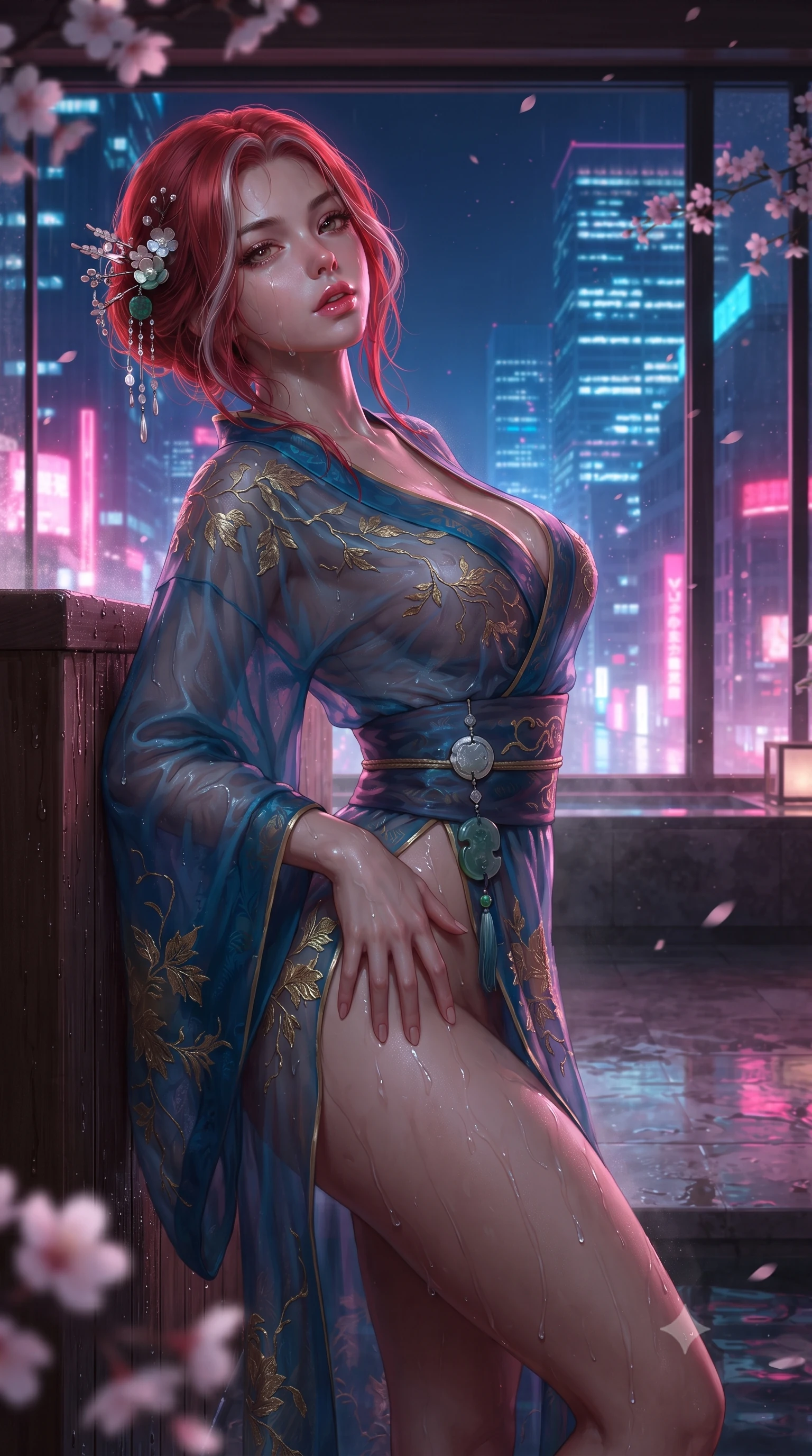 score_9, masterpiece, best quality, ultra-detailed, high-budget anime keyframe, editorial fashion photography, tasteful artistic composition, Caucasian woman. close-up cowboy shot from the waist and thighs up, the character dominates the composition, filling the frame with her large presence. arching her spine backward with effortless dancer poise, one hand sliding along her hip line as directional light carves specular highlights along her silhouette while leaning back against a cedar bath partition overlooking glowing Tokyo skyscrapers, parted glossy lips reflecting pink neon lights. The surrounding environment is rendered in vivid detail and crisp panoramic clarity. sharp wet hinoki wood grain, distinct water droplet tracks on skin, and delicate cherry blossom petals in deep focus. She has an exceptionally elegant, slender, and willowy female figure with an ultra-slim waist, a gracefully sculpted slender torso, toned flat midriff, and rounded feminine hips creating an alluring hourglass silhouette. sharp v-shaped jawline, high-bridge nose, intricate jewel-like eyes with depth, thick eyelashes, glossy parted lips with a natural sheen, intensely captivating and seductive bedroom-eyes expression, flawlessly proportioned anatomical accuracy, strict slender model proportions, natural body alignment, perfectly sculpted long slender limbs, ultra-slim waistline, clean dynamic posture without body distortion. wearing a delicate semi-translucent silk yukata that clings to her wet skin and curvy hip contours in deep azure blue and gold leaf embroidery, woven from sheer cascading chiffon that ripples like water, accented with mother-of-pearl hair ornaments and a carved jade pendant, the liquid-tight tailored fabric clinging flawlessly to her narrow waist and rounded feminine hips, emphasizing every millimeter of her sculpted hourglass curves during movement. surrounded by an intimate, tranquil, and deeply sensual Japanese skylounge muse aura. ultra-reflective glossy finish, specular highlights, rich textural contrasts, high-contrast stereoscopic depth, volumetric dynamic lighting, 2k, ultra detail, master piece, 9:16 ratio