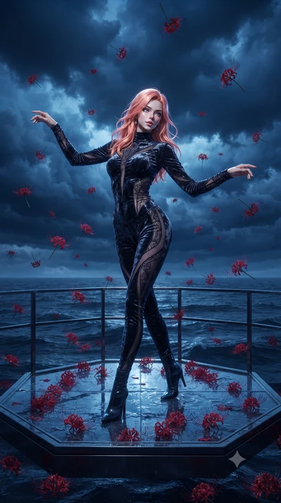 score_9, masterpiece, best quality, ultra-detailed, High-budget Anime Keyframe, editorial fashion photography, tasteful artistic composition, realistic cosplay photography, East Asian woman. Low angle cowboy shot filling the entire 9:16 frame with he